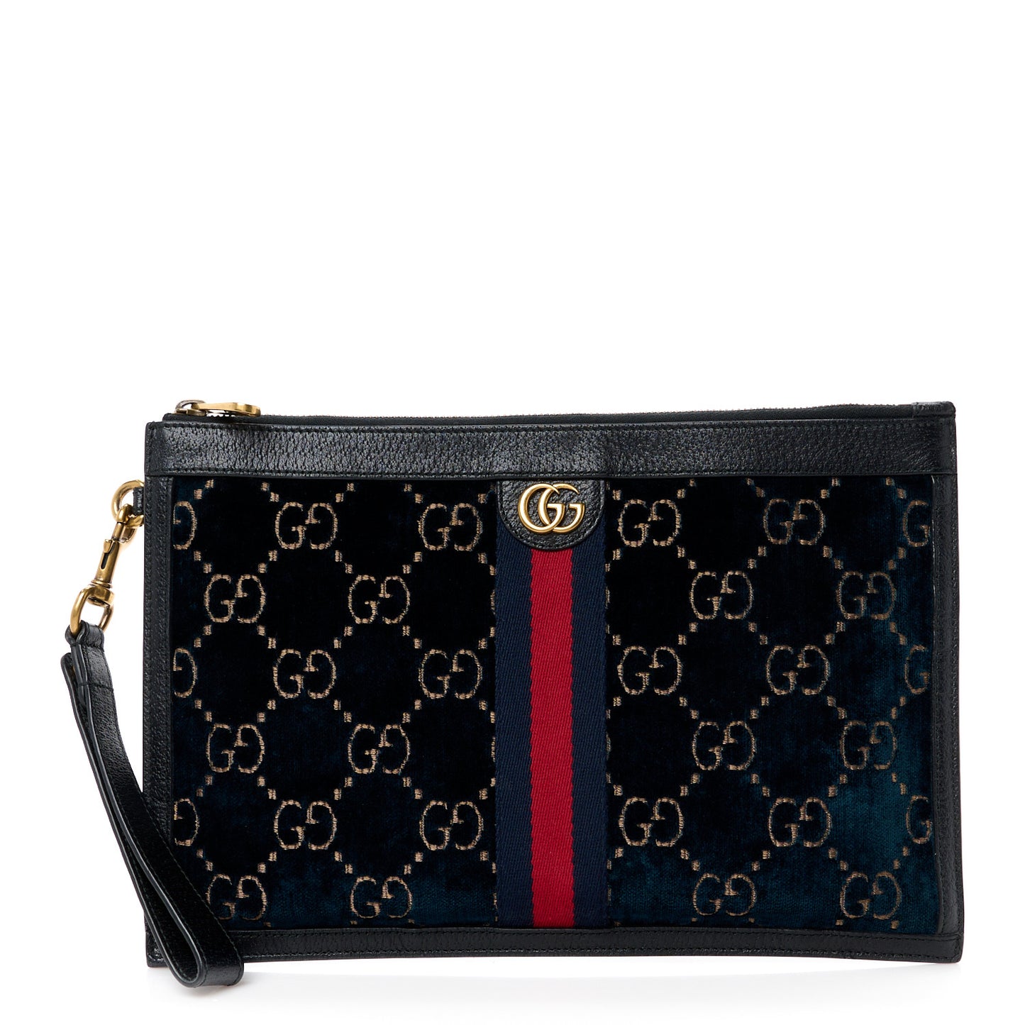 Velvet GG Monogram Textured Calfskin Web Ophidia Wristlet Blue Beige Black