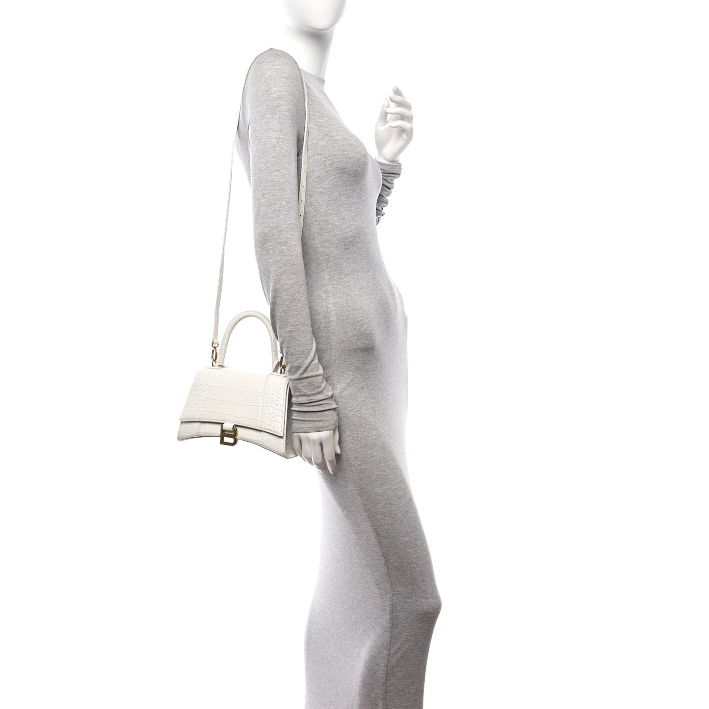 Shiny Calfskin Crocodile Embossed Small Hourglass Top Handle Bag White
