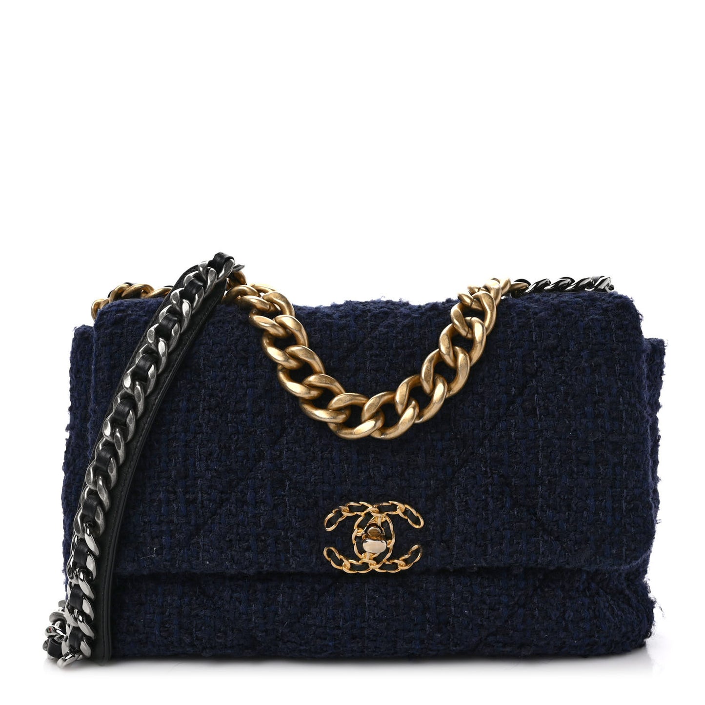 Tweed Quilted Large Chanel 19 Flap Navy Blue