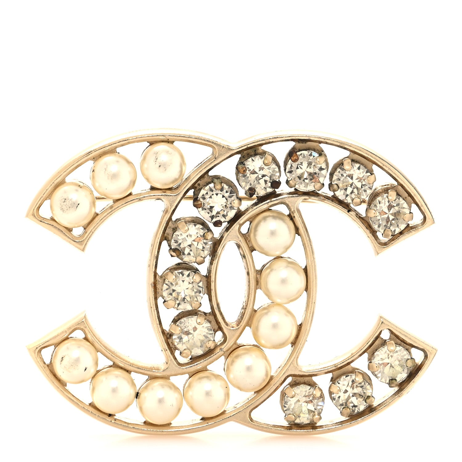 Chanel Pearl Crystal CC Brooch Gold 1 of 4