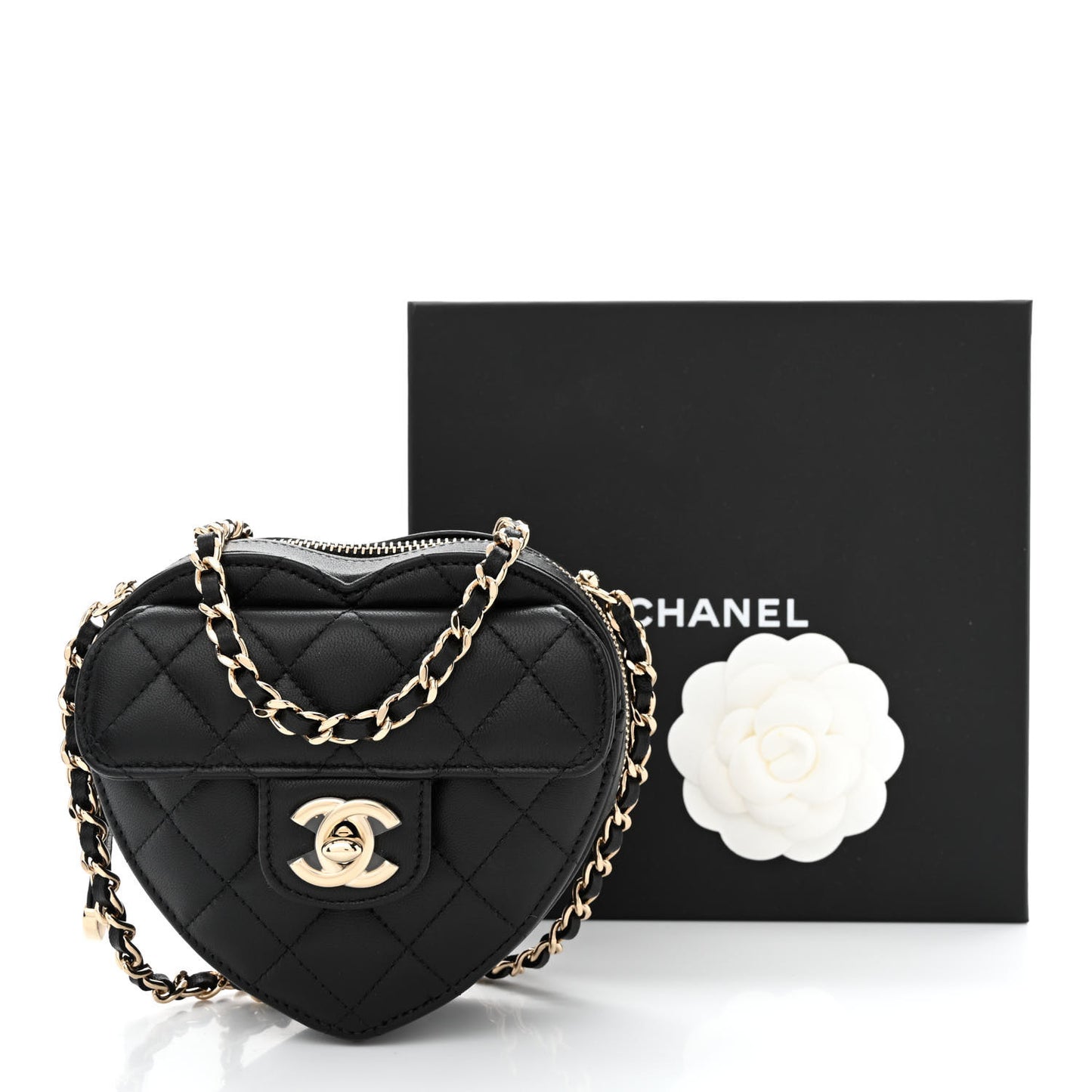 Lambskin Quilted CC In Love Heart Clutch With Chain Black