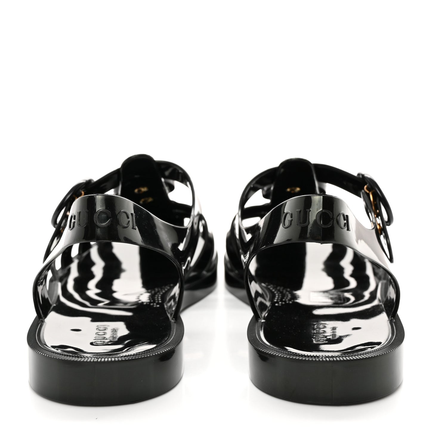 Shiny Rubber Double G Buckle Strap Sandals 8 Black