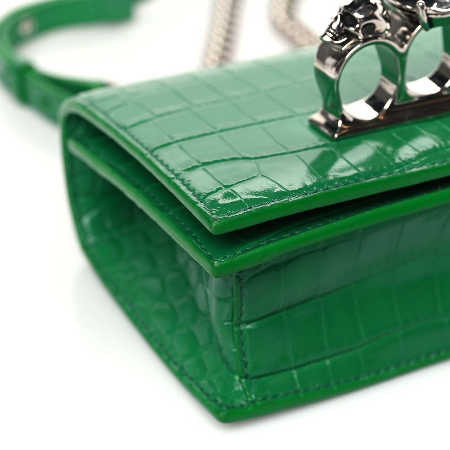 Calfskin Crocodile Embossed Knuckle Shoulder Bag Green