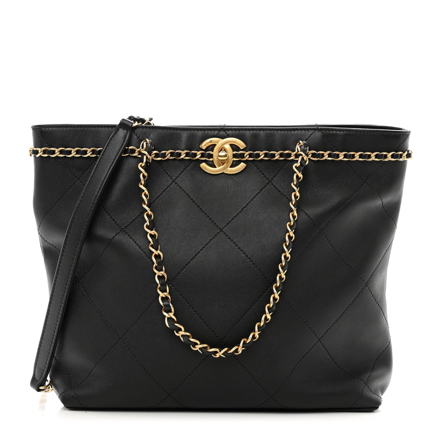 Calfskin Stitched Small Shopping Tote Black