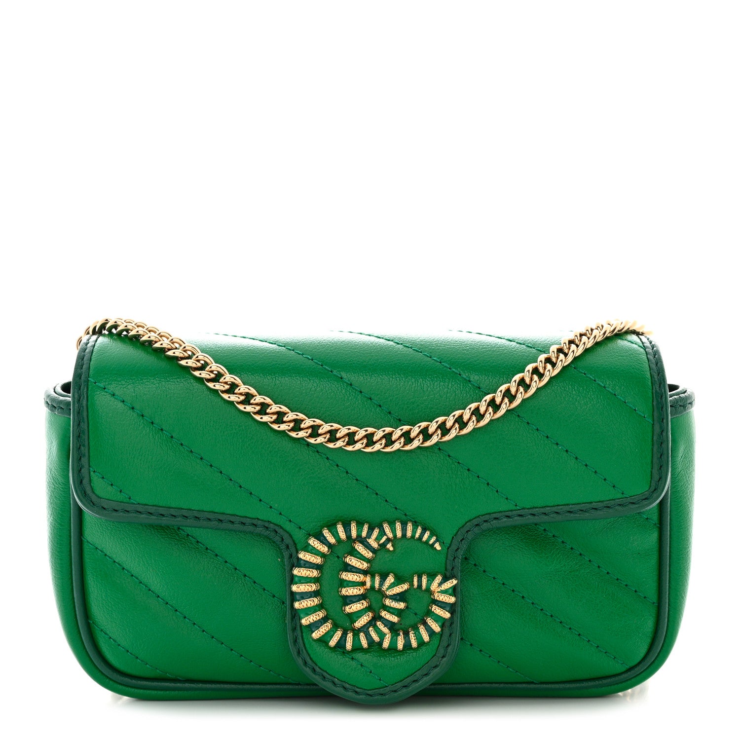 Gucci Azalea Calfskin Enamel Matelasse Diagonal Super Mini Torchon GG Marmont Shoulder Bag New Shamarock Emerald 1 of 11