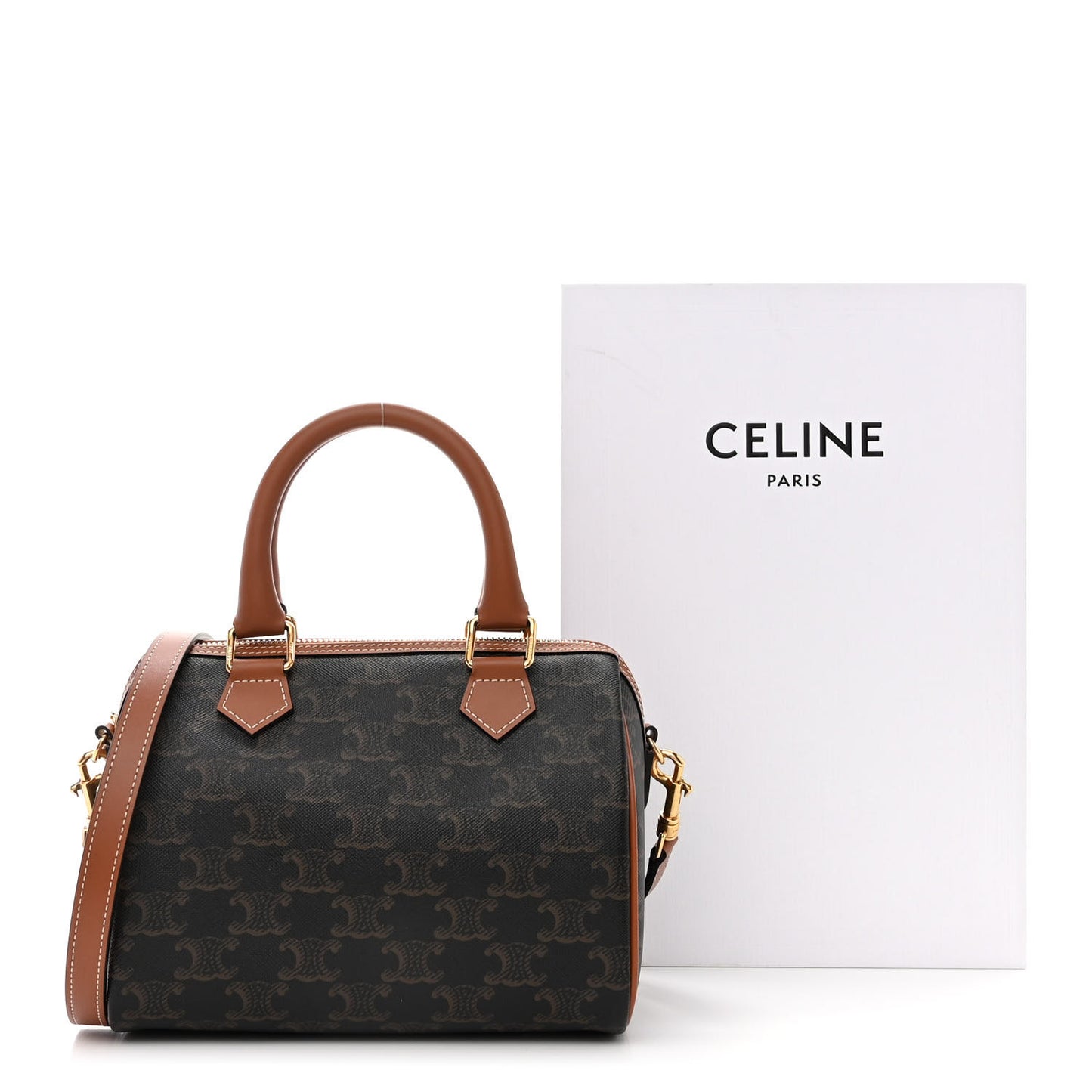 Triomphe Canvas Calfskin Small Boston Bag Tan