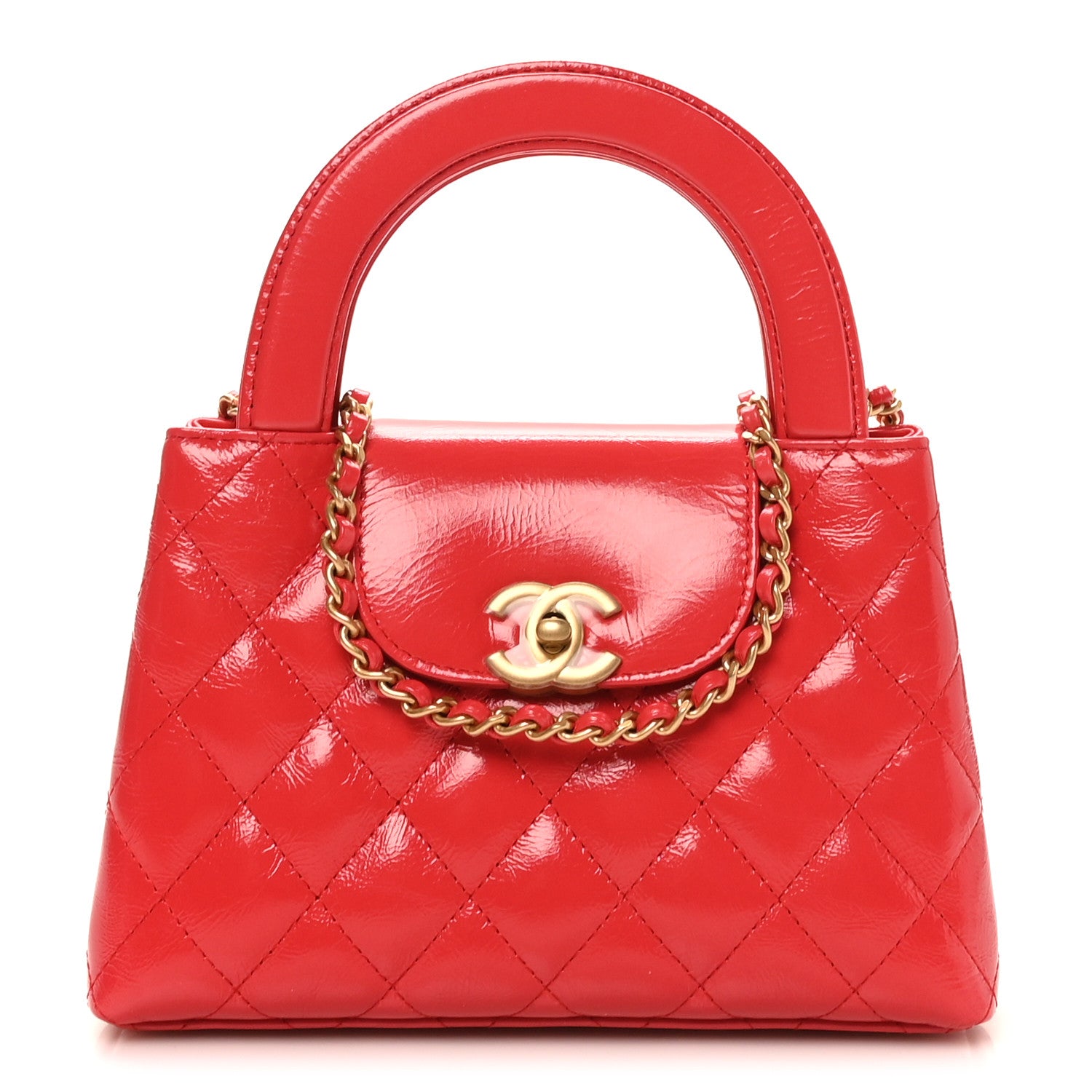 Chanel Shiny Aged Calfskin Quilted Nano Kelly Shopper Dark Red
