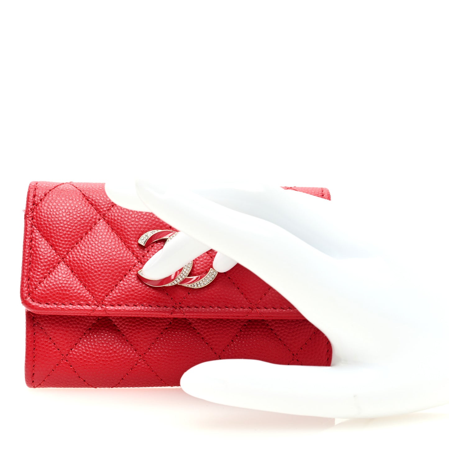 Caviar Quilted Crystal Enamel CC Card Holder Red