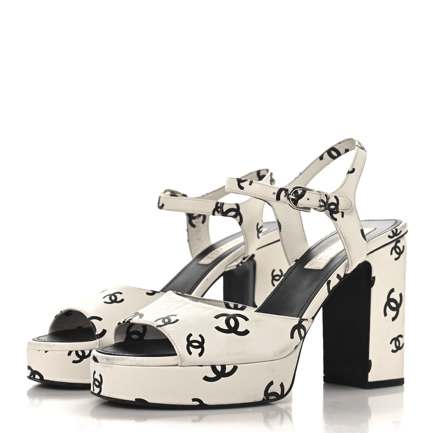Printed Lambskin CC Platform Sandals 40.5 White Black