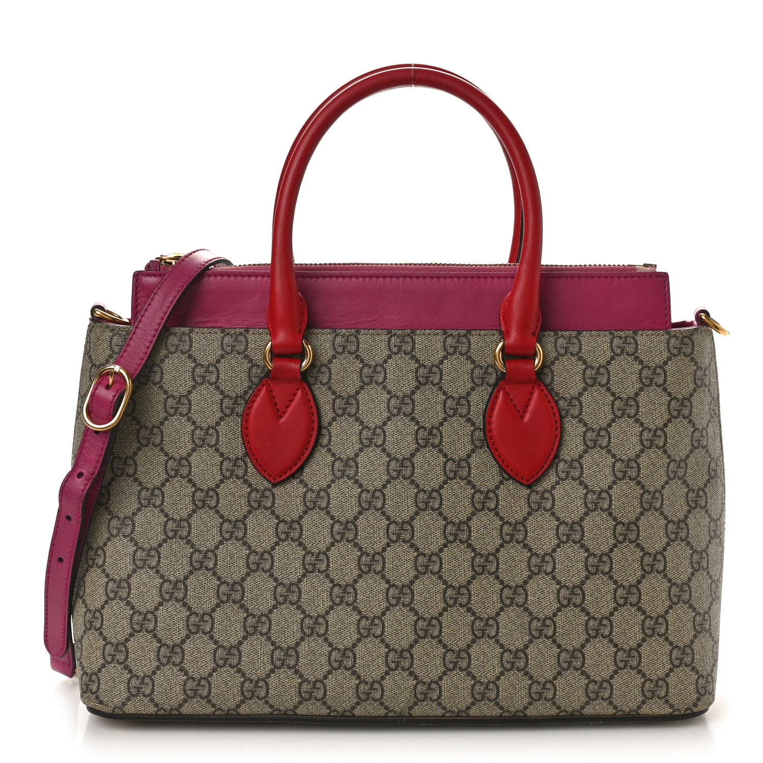 Gucci GG Supreme Monogram Moon Calfskin Small Zip Top Tote Beige Ebony Hibiscus Red New Rosette 1 of 15