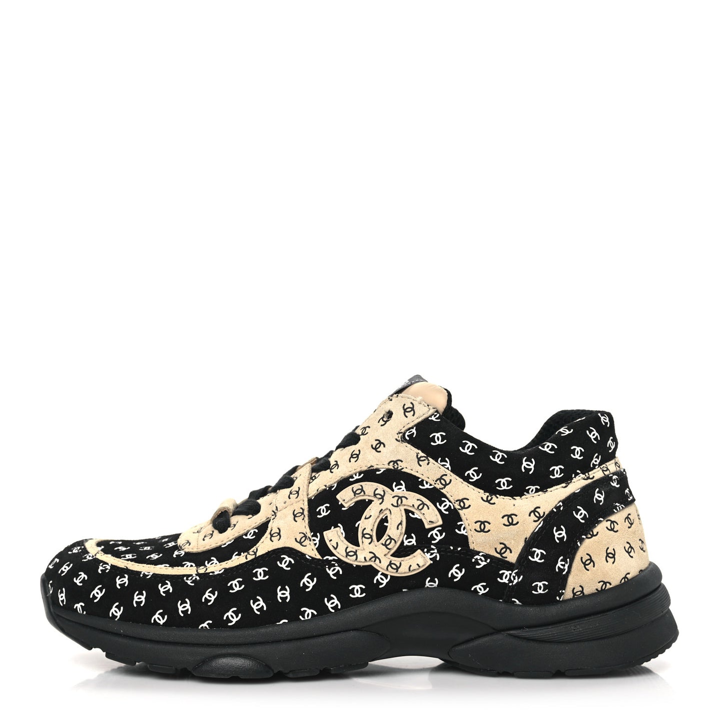 Nylon Suede Calfskin Printed CC Sneakers 41.5 Black Beige