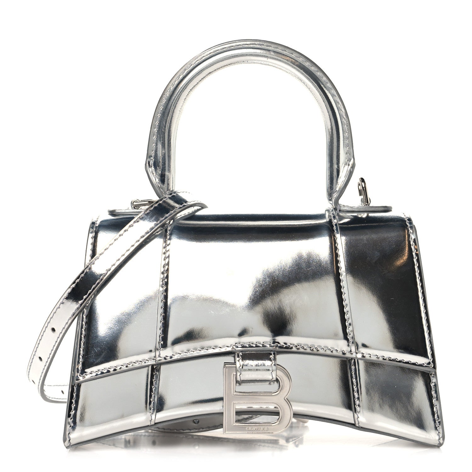 メ*ン様 BALENCIAGA バザール　XS シルバー ミニハンドバッグ Balenciaga Metallic Calfskin Hourglass Top Handle Bag XS Silver