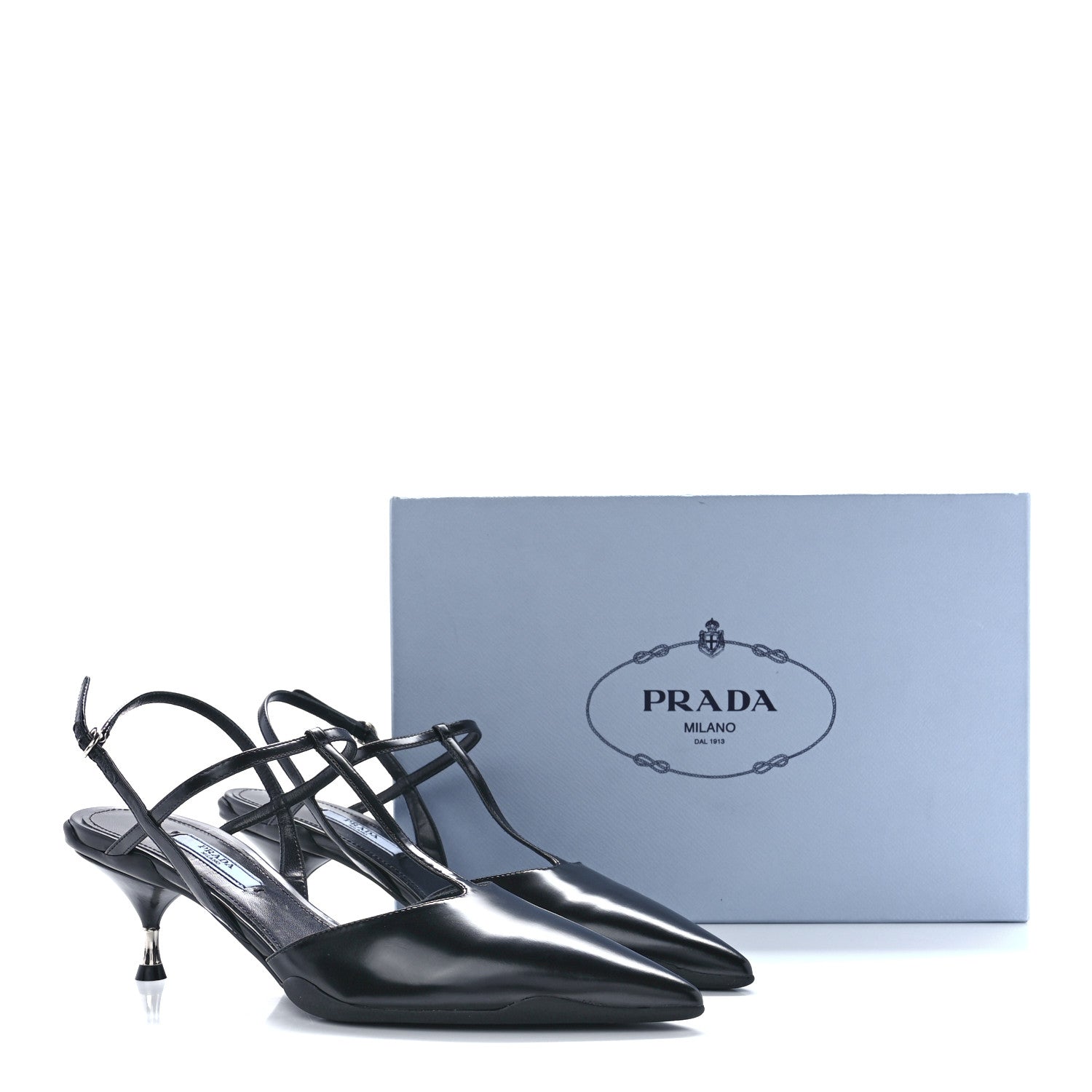 Prada Spazzolato Pointed Toe T-Strap 55mm Slingback Pumps 37.5 Black 9 of 9