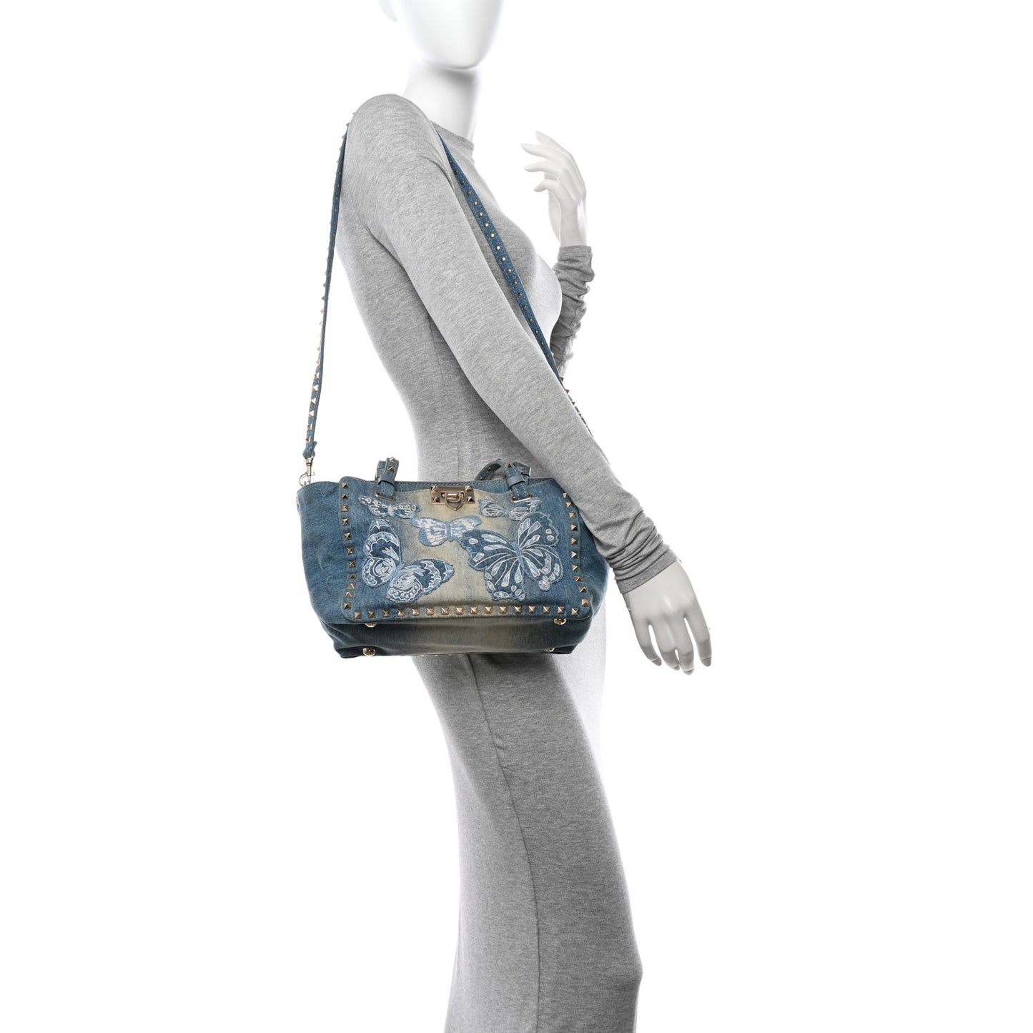 Denim Butterfly Embroidered Small Rockstud Tote Light Denim