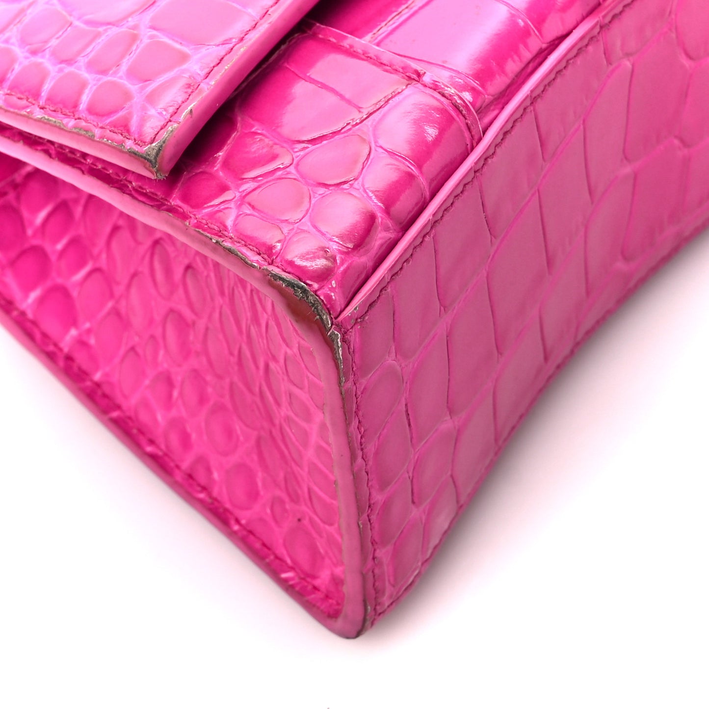 Shiny Calfskin Crocodile Embossed Hourglass Top Handle Bag XS Lipstick Pink