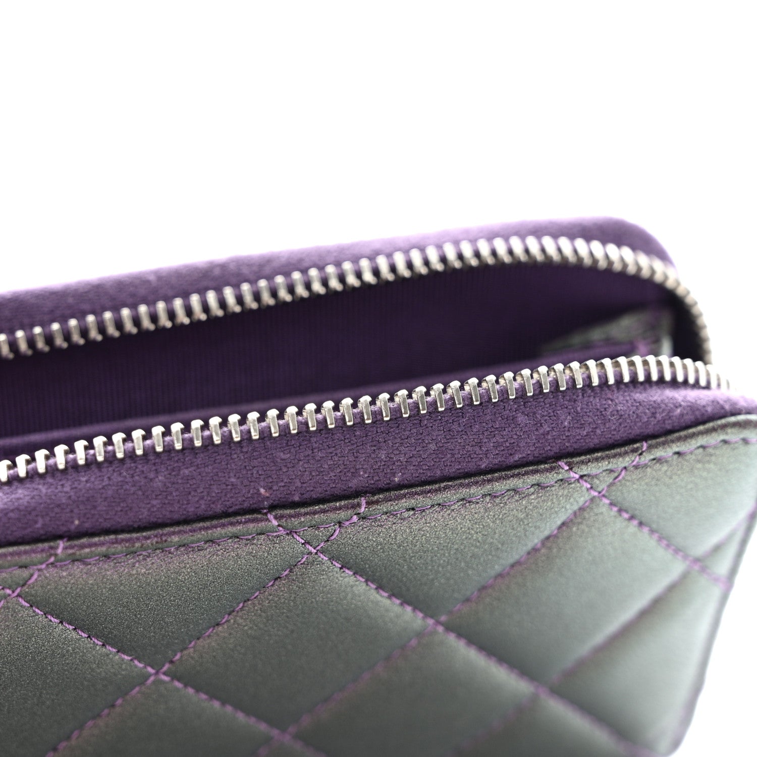 Chanel Metallic Lambskin Quilted Zip Around Coin Purse Wallet Purple 12 of 13