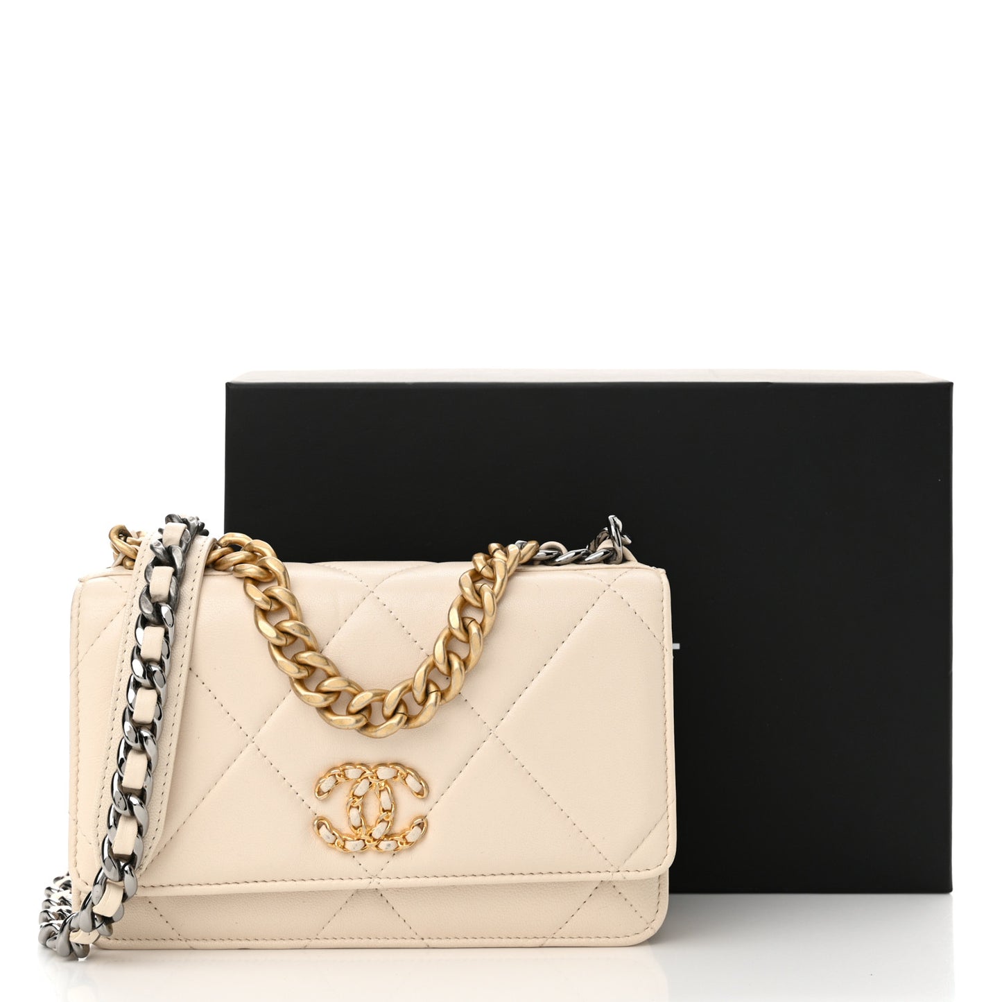 Lambskin Quilted Chanel 19 Wallet On Chain WOC Light Beige