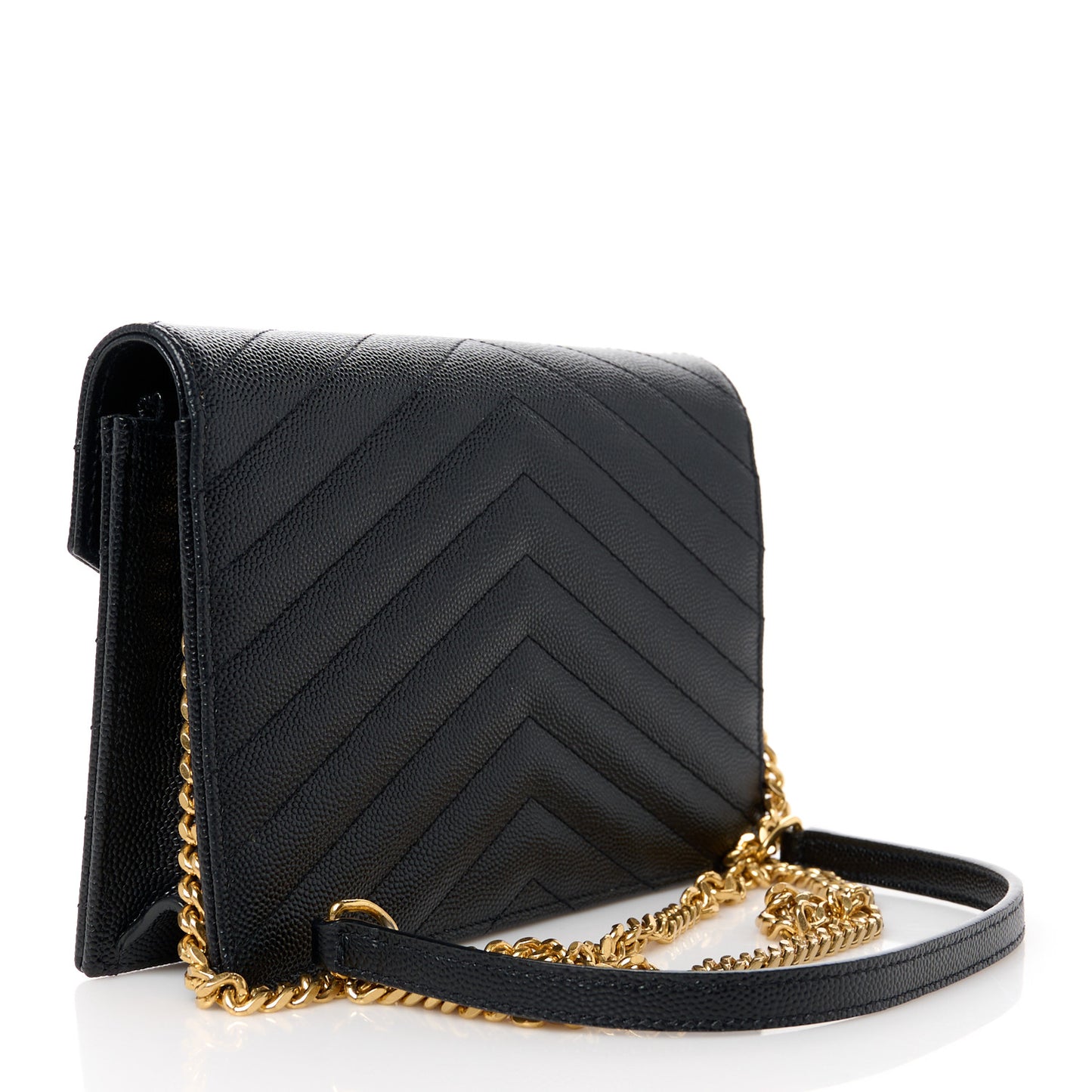 Grain De Poudre Matelasse Chevron Monogram Envelope Chain Wallet Black