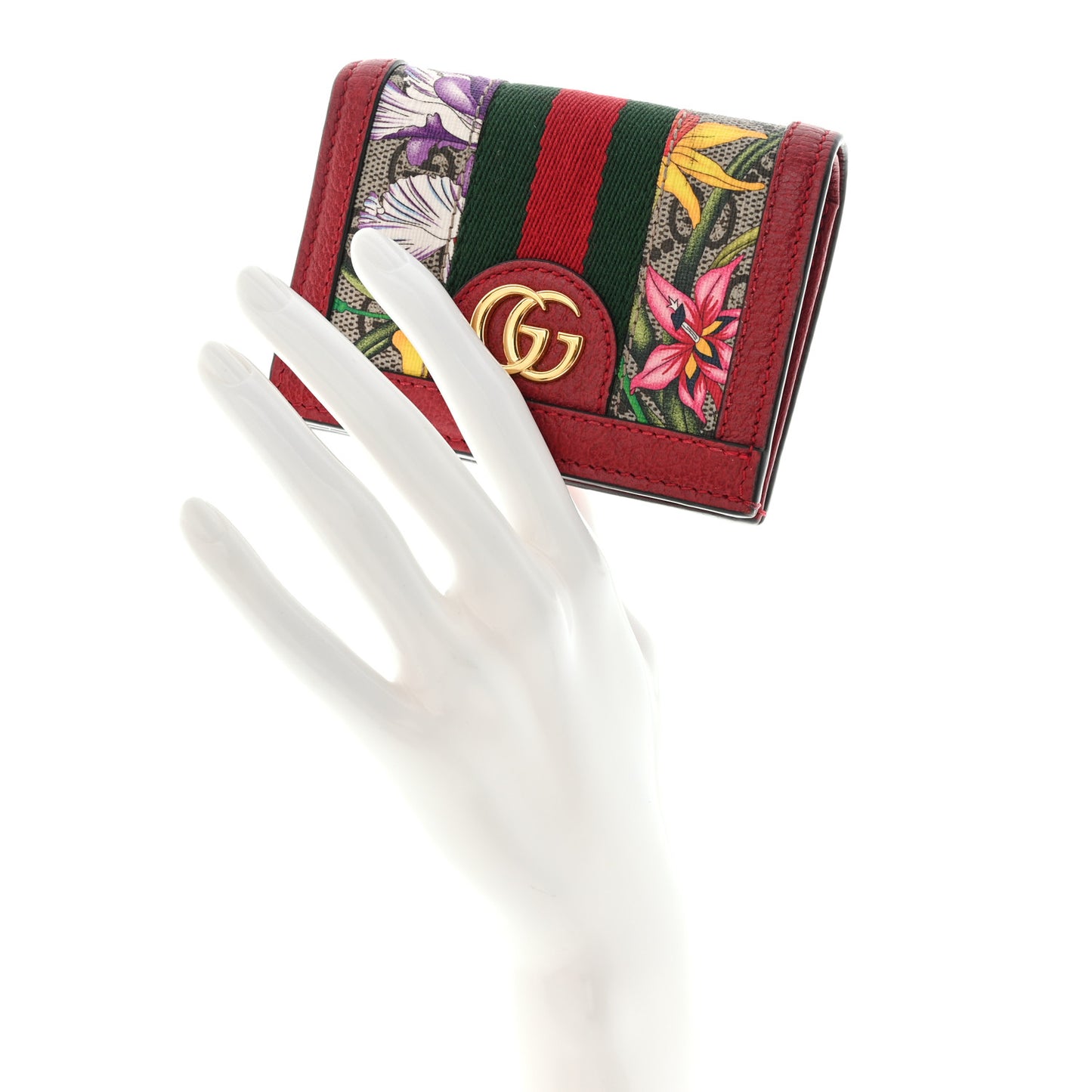 GG Supreme Monogram Flora Web Ophidia Card Case Red