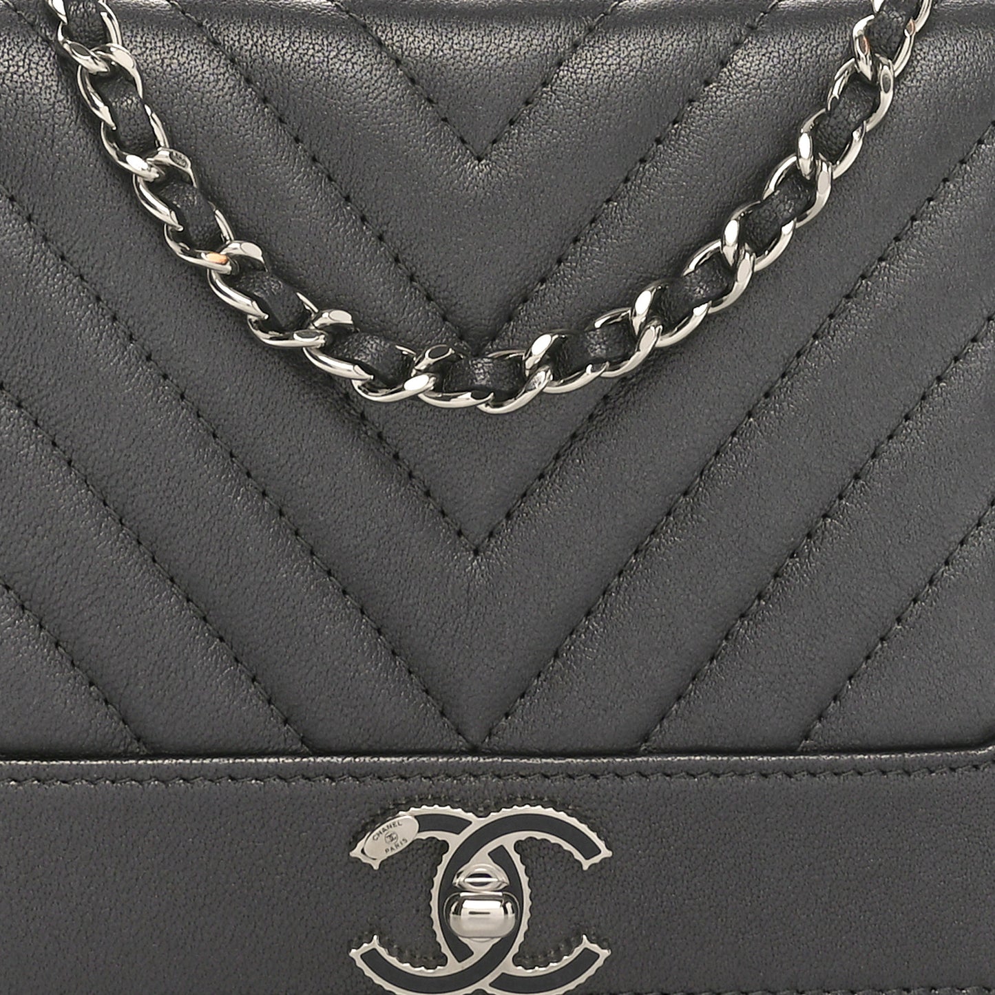 Metallic Goatskin Chevron Quilted Vintage Mademoiselle Wallet On Chain WOC Charcoal