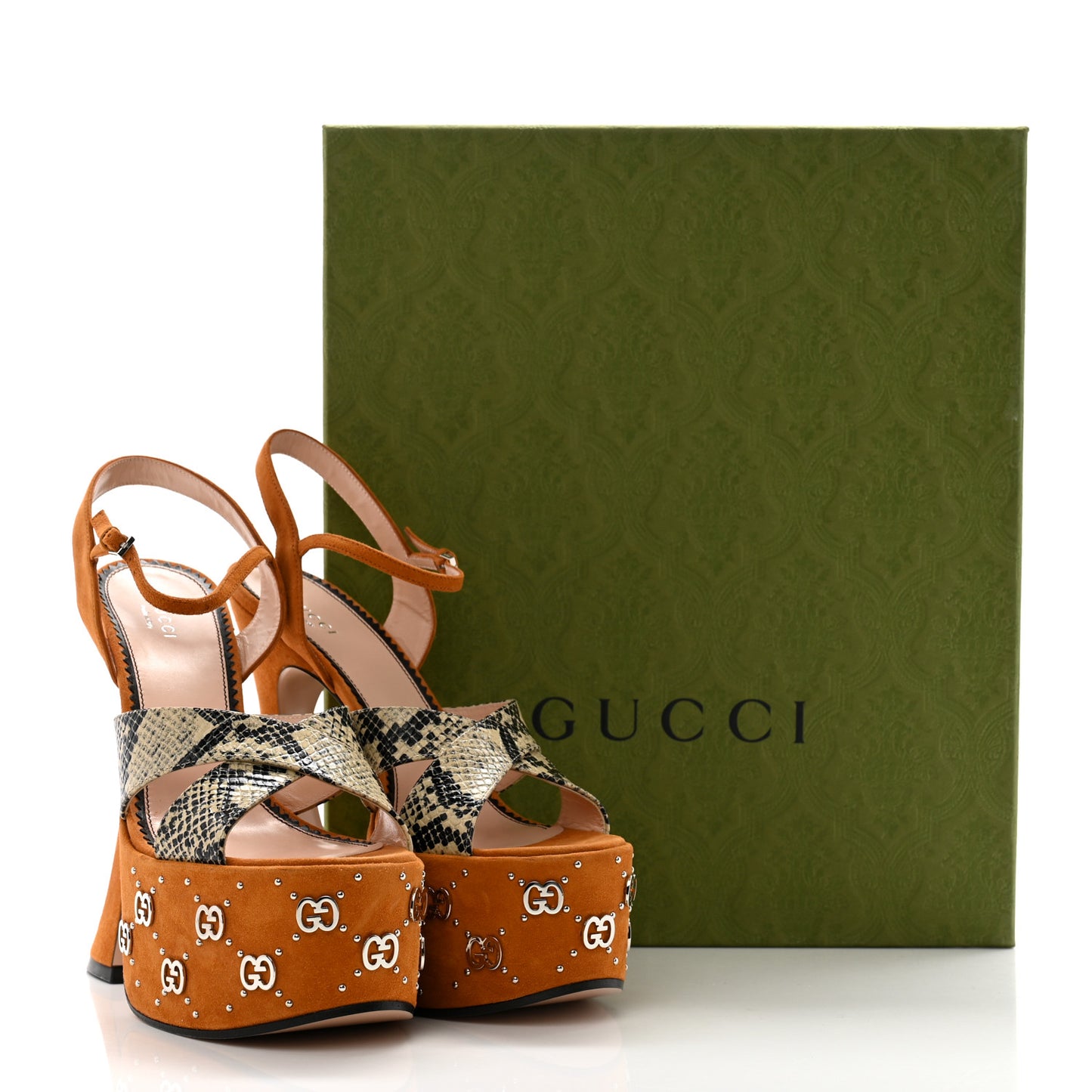 Malaga Kid Suede Snakeskin Interlocking G Studs 155mm Platform Sandals 40.5 Beige Cognac