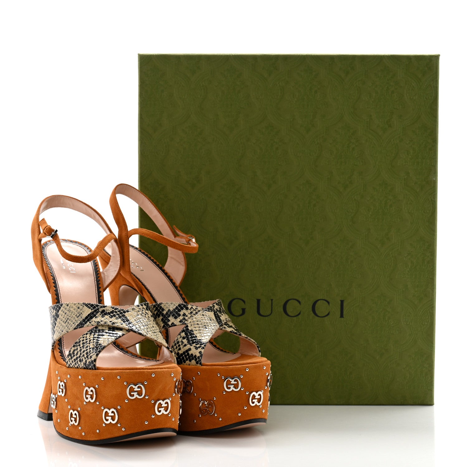 Gucci Malaga Kid Suede Snakeskin Interlocking G Studs 155mm Platform Sandals 40.5 Beige Cognac 13 of 13