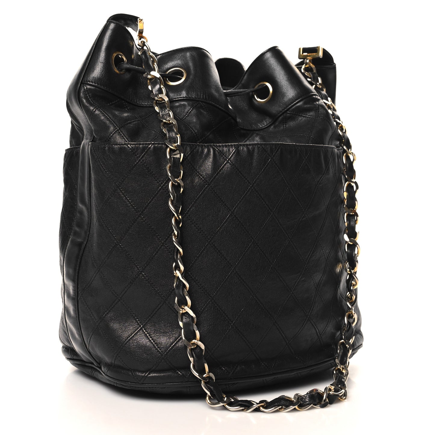Lambskin Diamond Stitched CC Drawstring Shoulder Bag Black