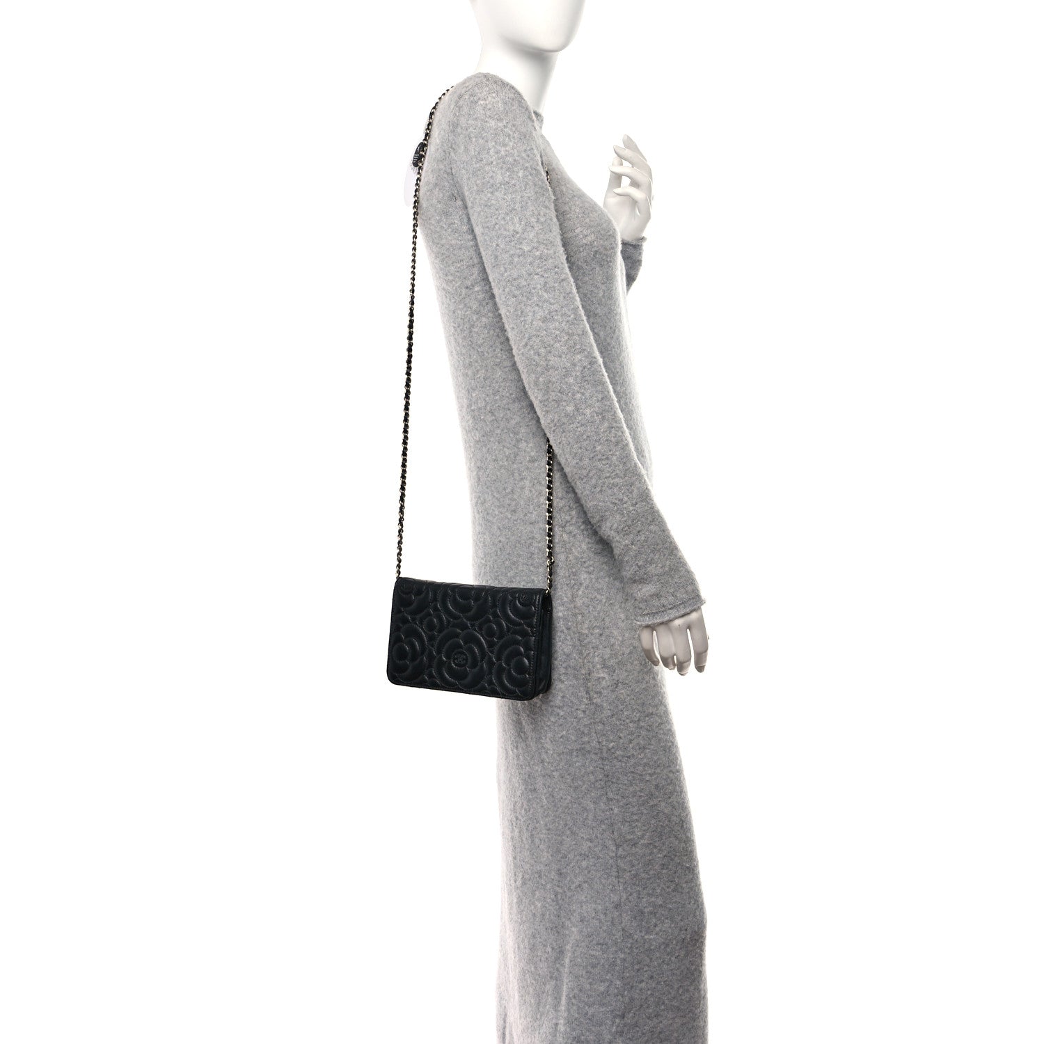 Chanel Lambskin Camellia Quilted Wallet On Chain WOC Black 3 of 11