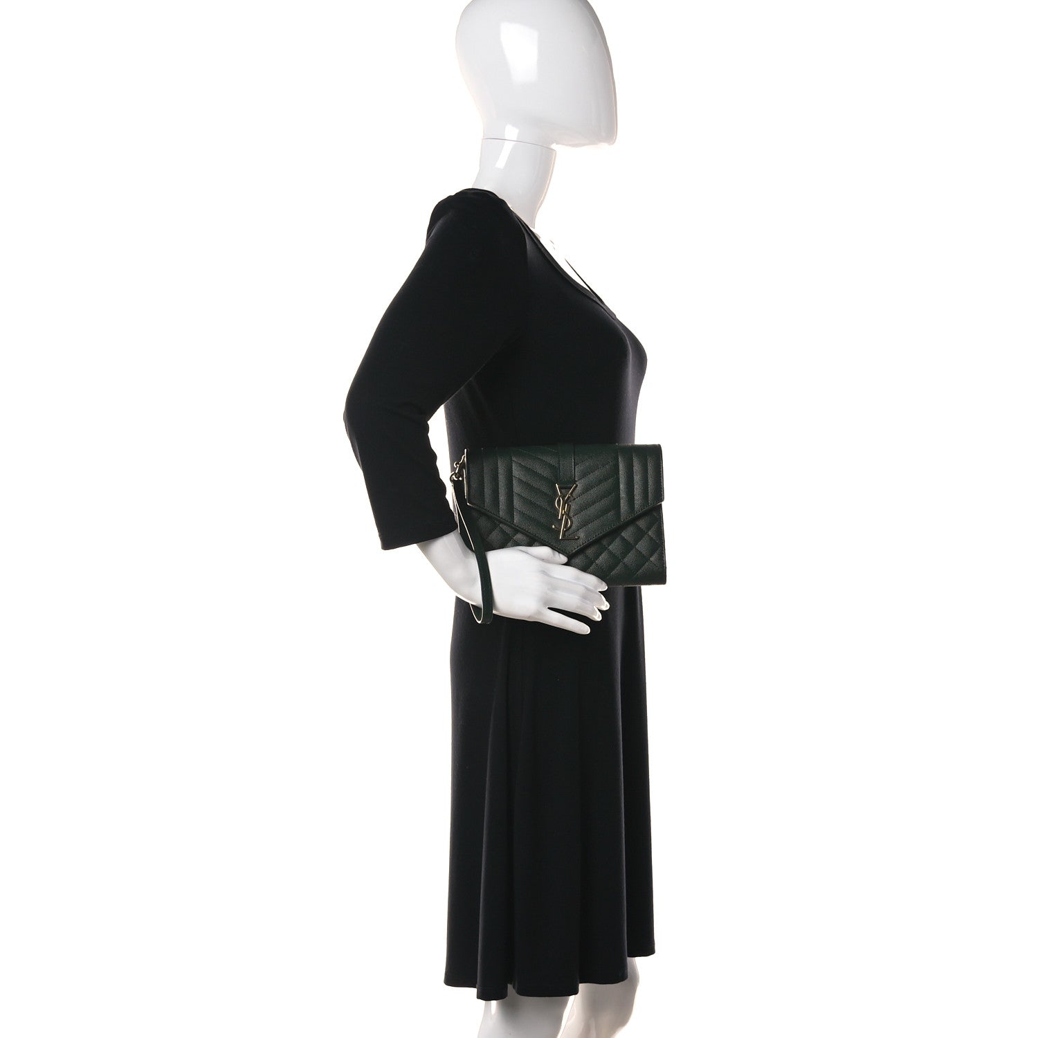 Saint Laurent Grain De Poudre Textured Mixed Matelasse Triquilt Monogram Clutch Vert Fonce 2 of 11