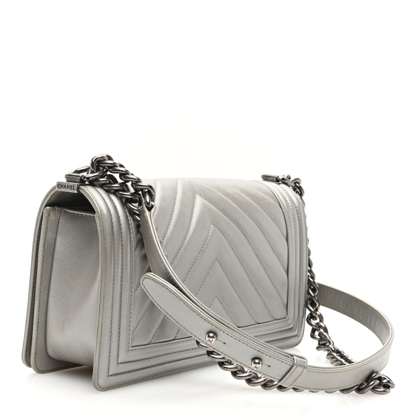 Metallic Caviar Chevron Quilted Medium Boy Flap Silver