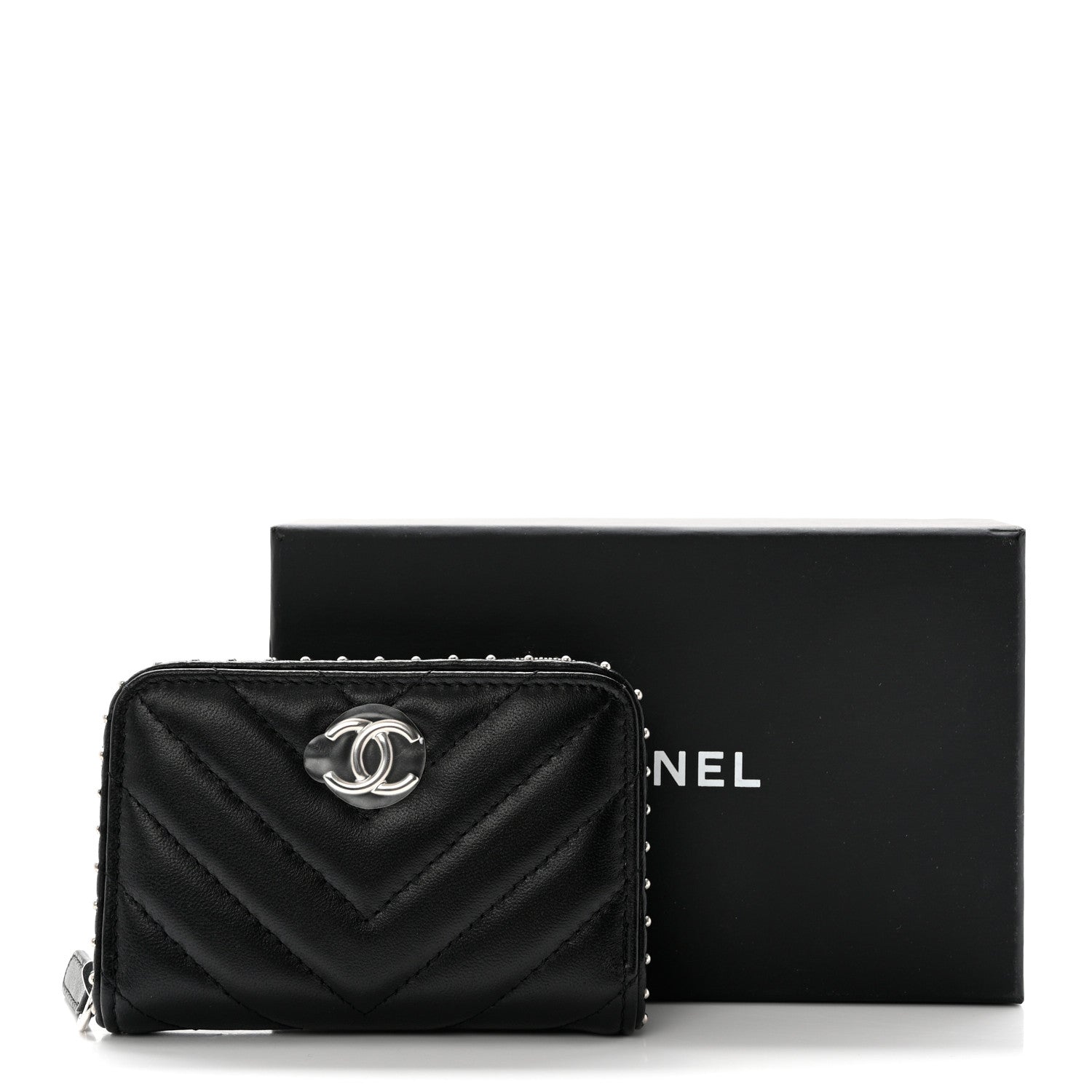 Chanel Lambskin Chevron Quilted Studded Zip Around Coin Purse Black 8 of 8
