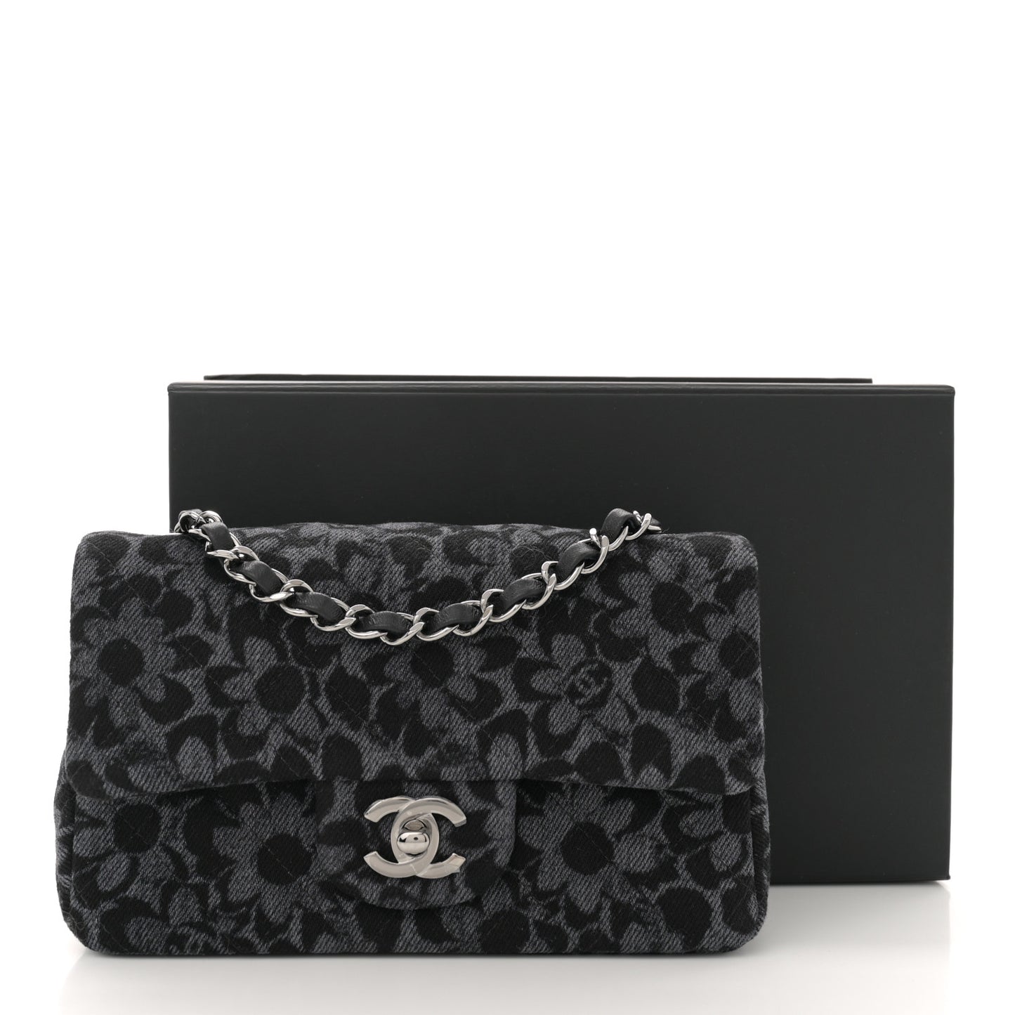 Printed Denim Quilted Flower Mini Rectangular Flap Black