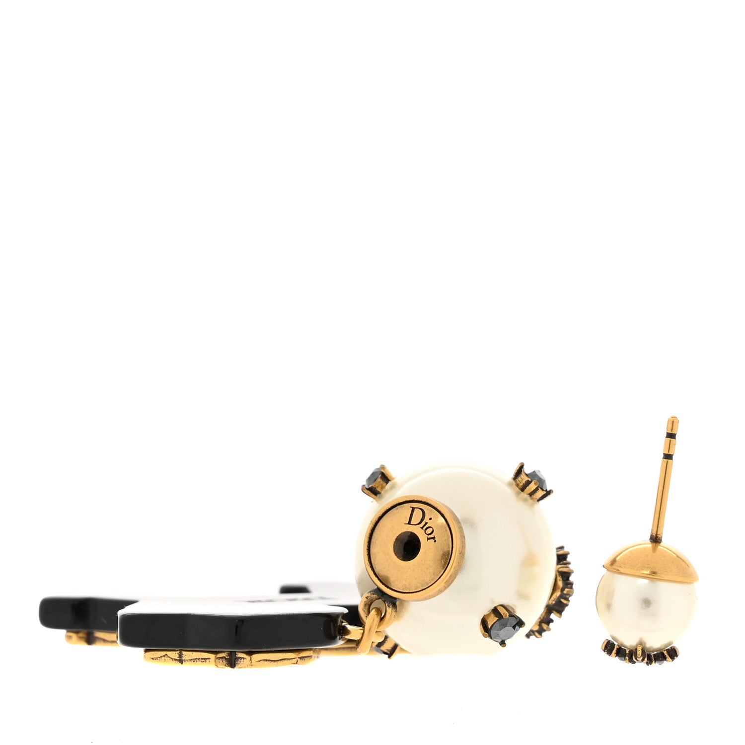 Christian Dior Crystal Pearl Tribales Lion Charm Earring Aged Gold Black 3 of 6