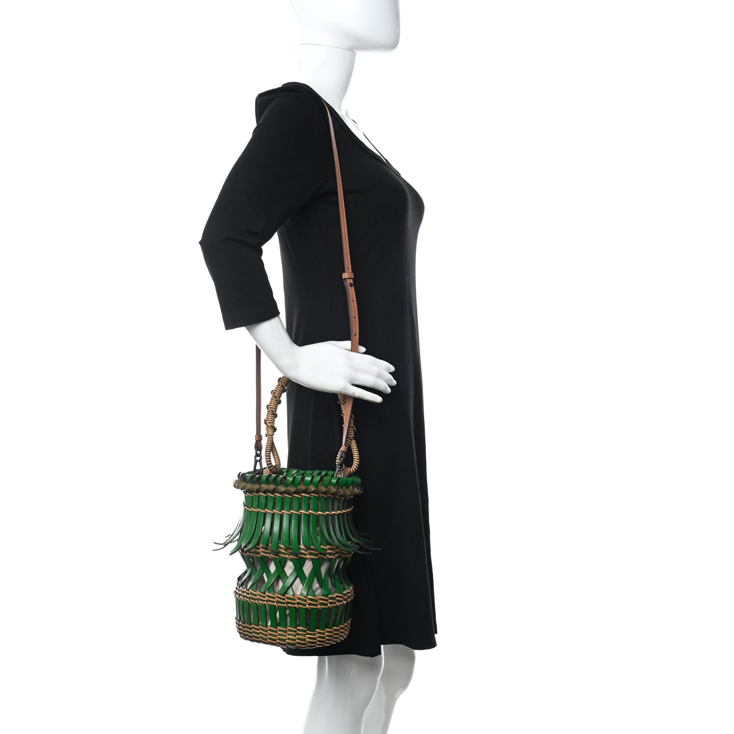 Calfskin Woven Fringes Bucket Bag Green Honey