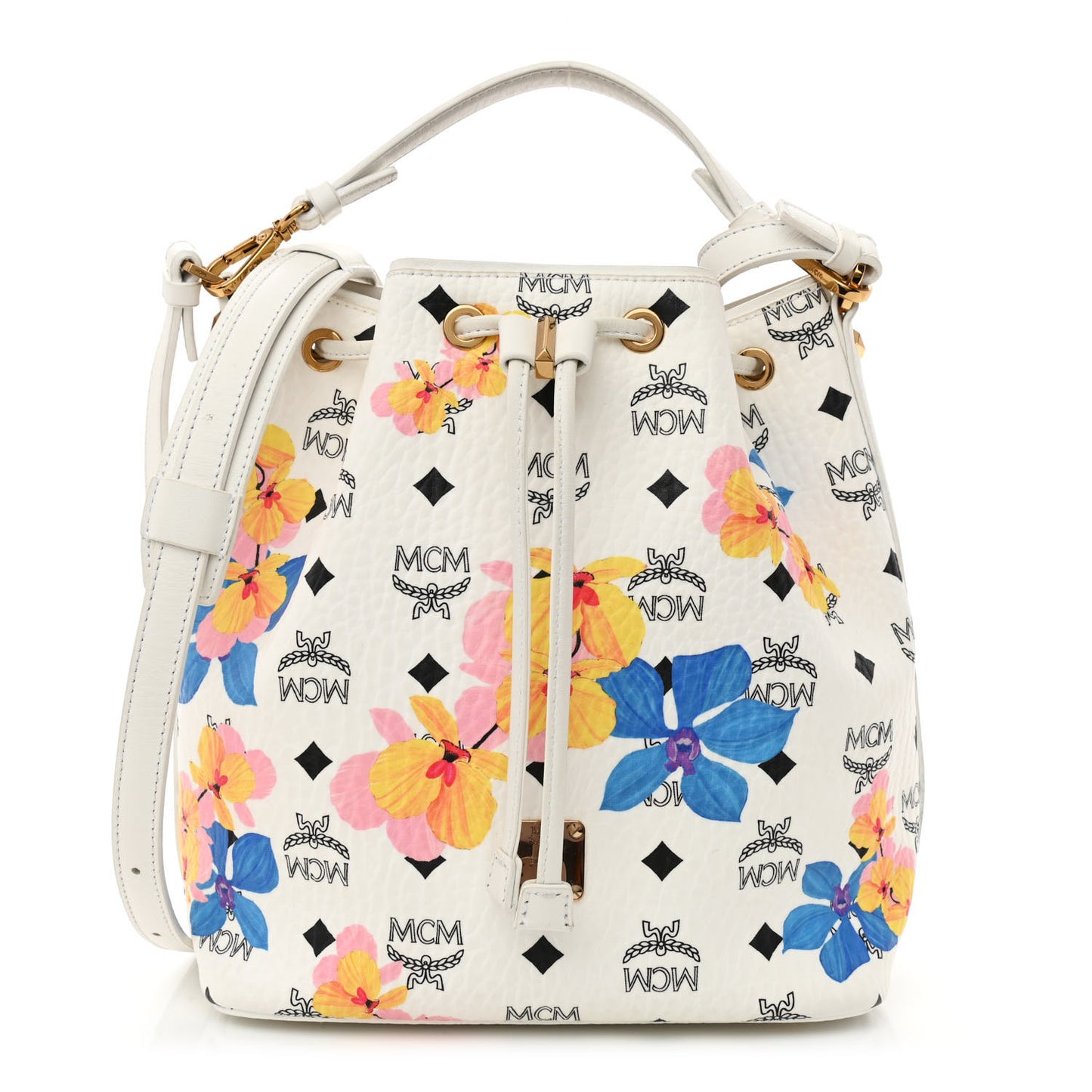 Visetos Floral Print Small Drawstring Bucket Bag White