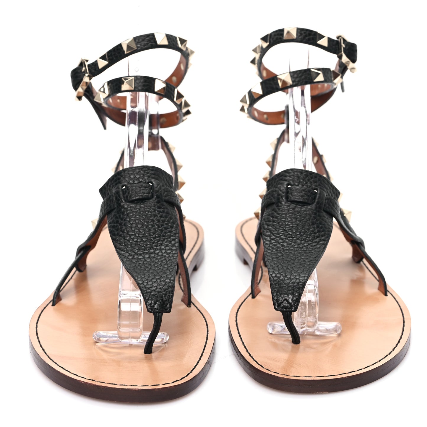 Calfskin Rockstud Ankle Wrap Flat Thong Sandals 39.5 Black