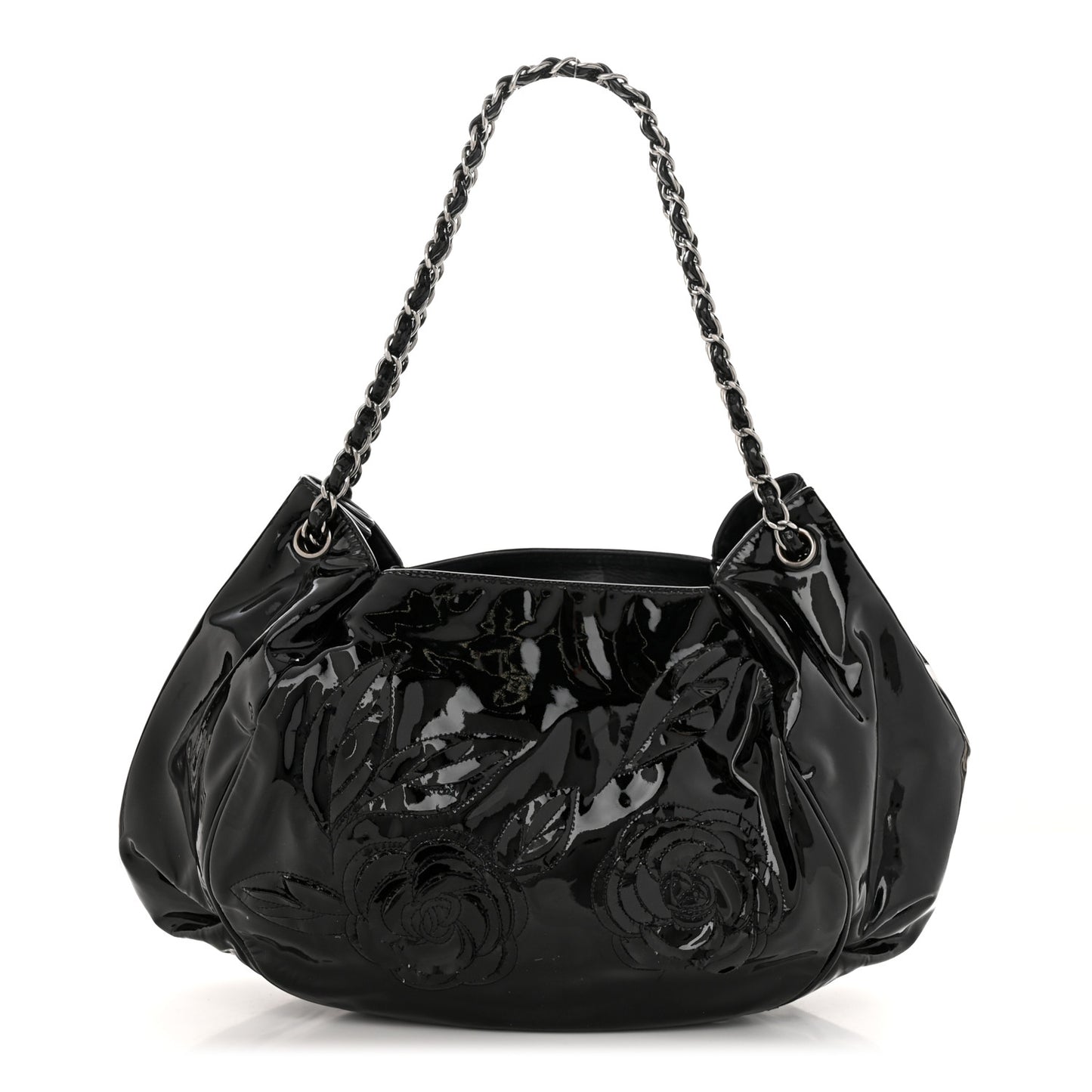 Patent Camellia Shoulder Bag Black