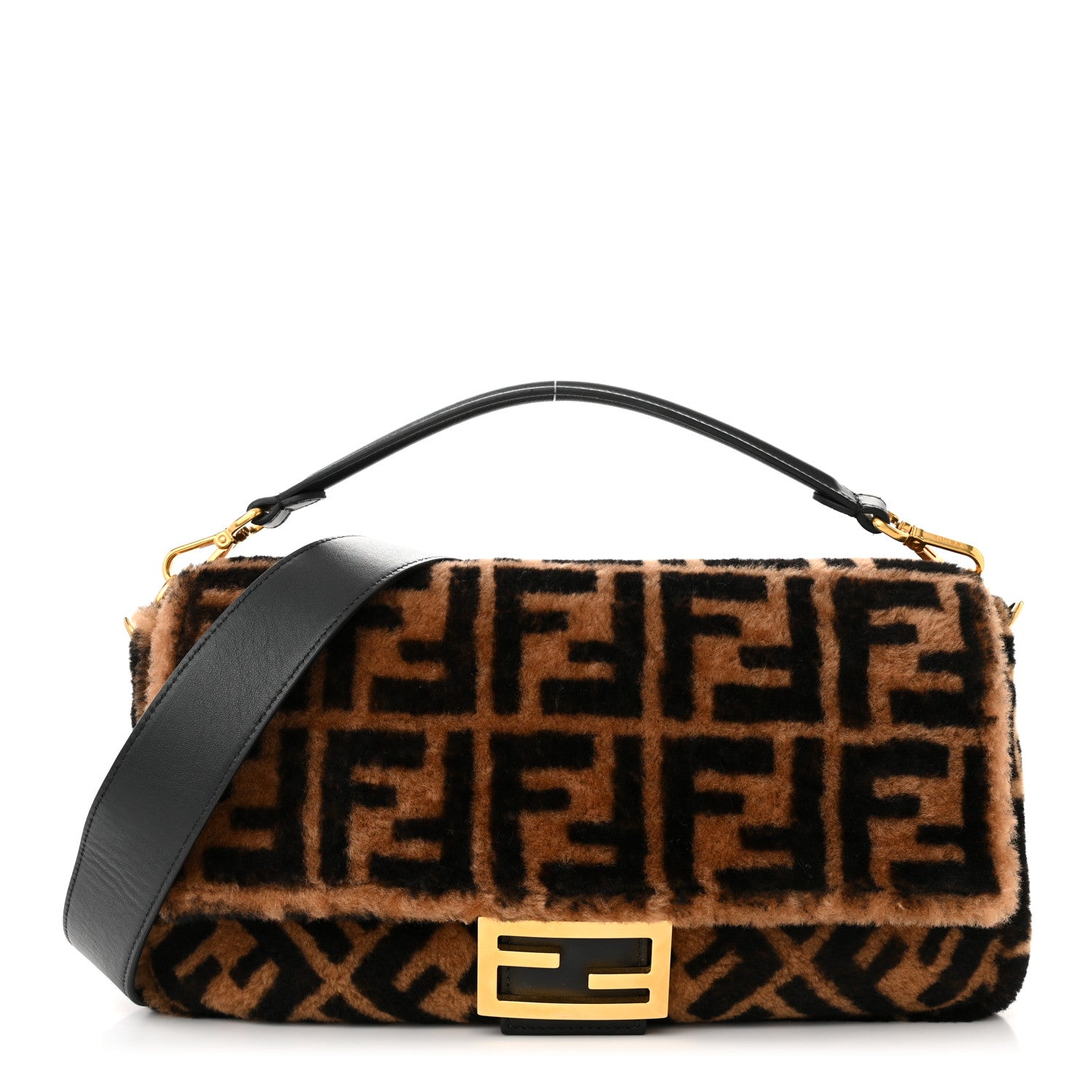 Fendi Shearling Vitello Dolce Macro FF 1974 Large Baguette Tobacco Black 1 of 10