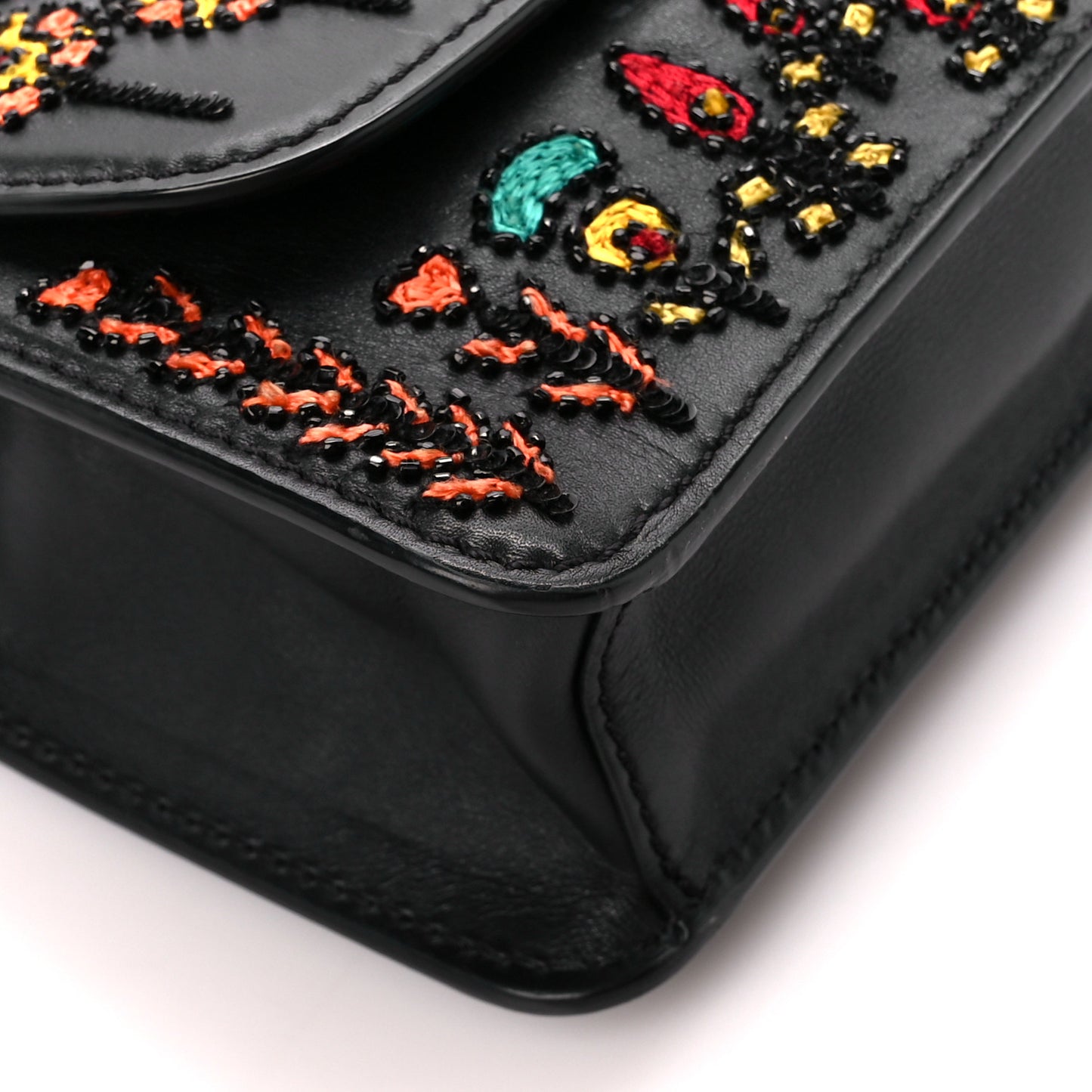 Calfskin Embroidered Beaded Rockstud Small Demilune Shoulder Bag Black Multicolor