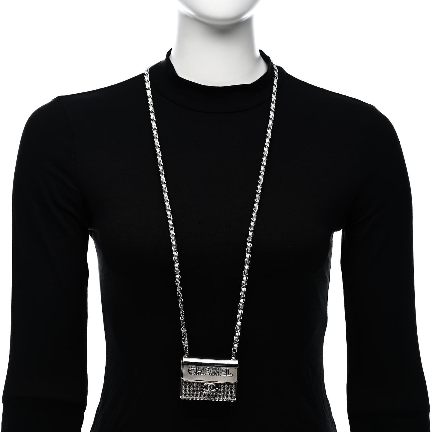 Metal Lambskin Strass Crystal Purse CC Long Necklace Silver