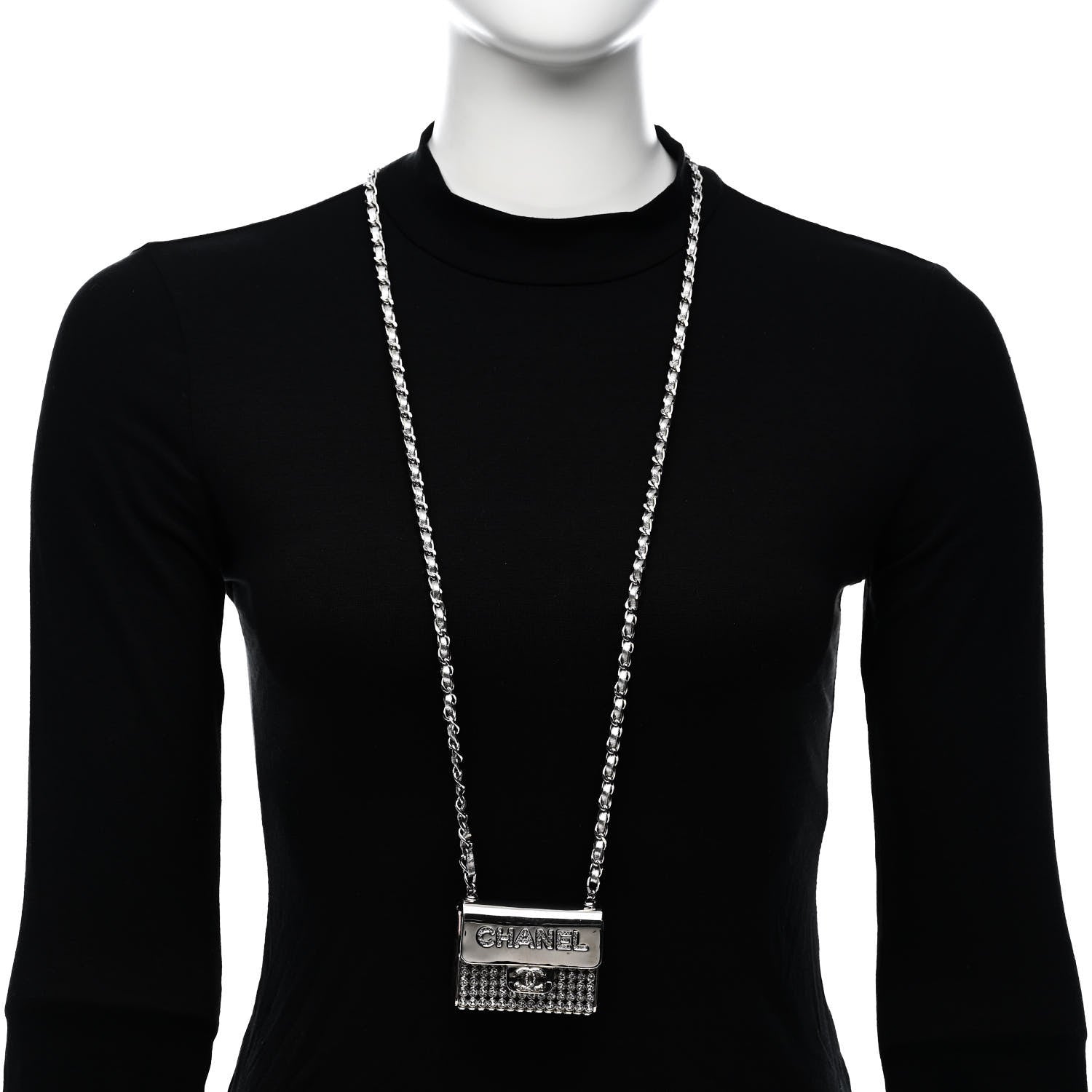 Chanel Metal Lambskin Strass Crystal Purse CC Long Necklace Silver 2 of 6