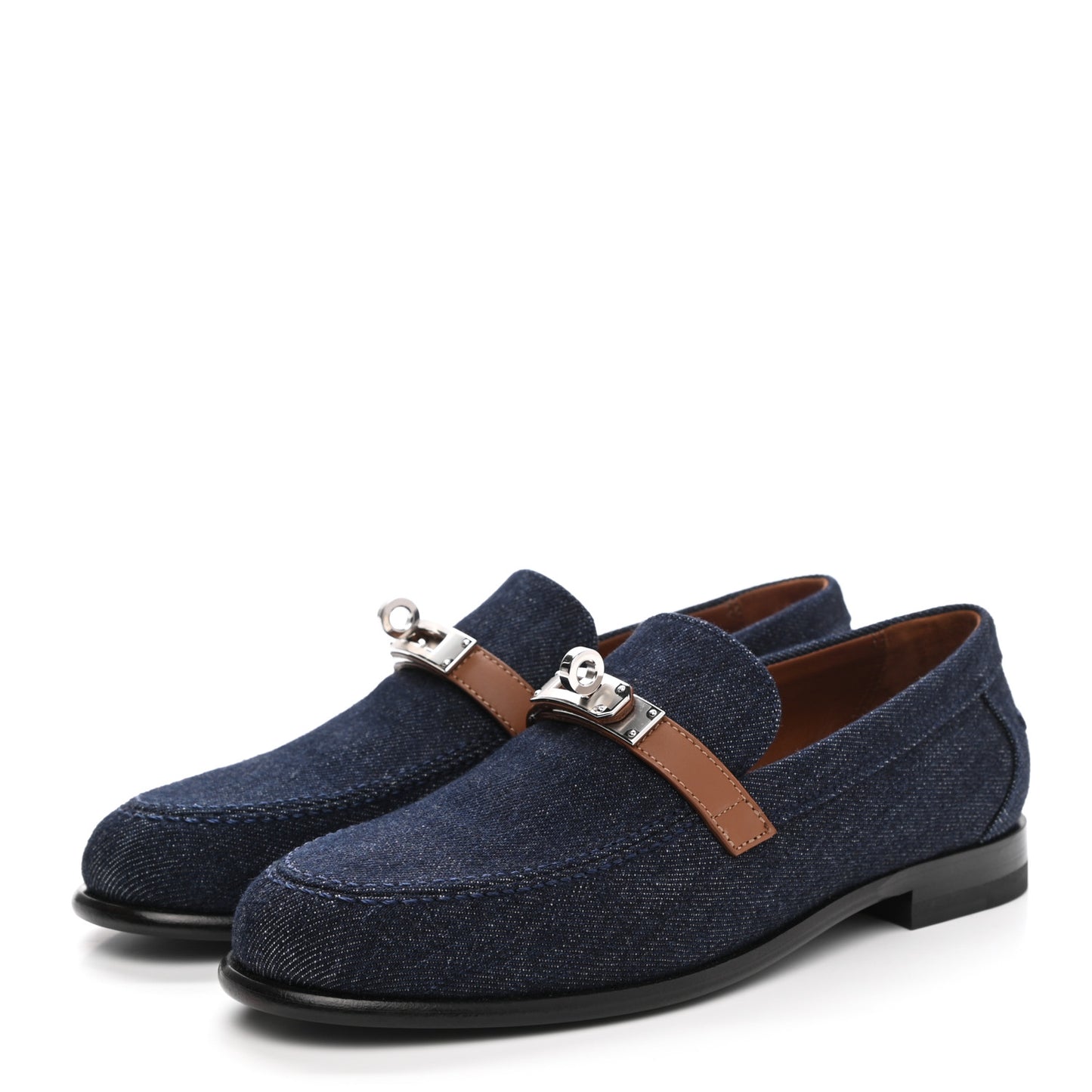 Denim Canvas Calfskin Womens Destin Loafer 36.5 Bleu Brut Gold
