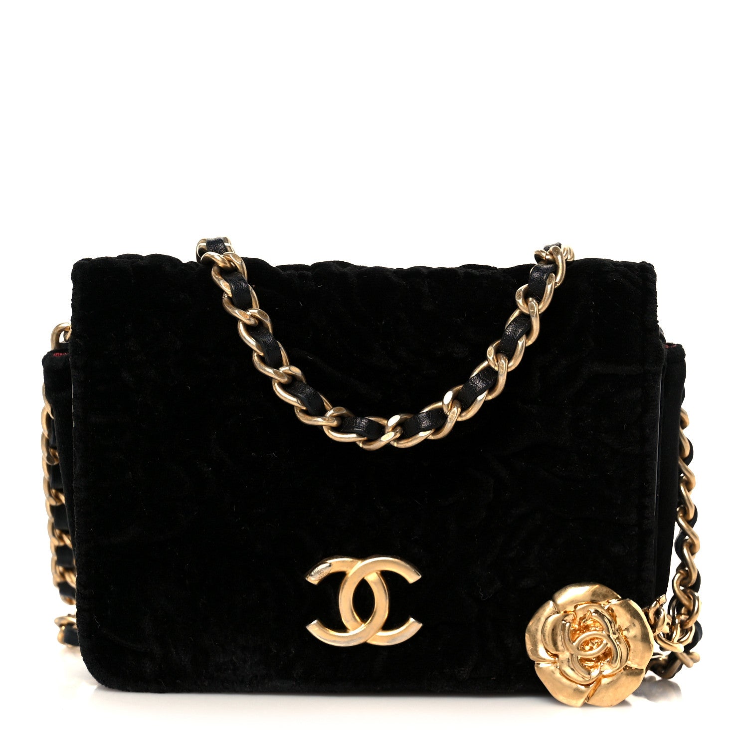 Chanel Velvet Quilted Camellia Velvet Flap Coin Purse With Chain