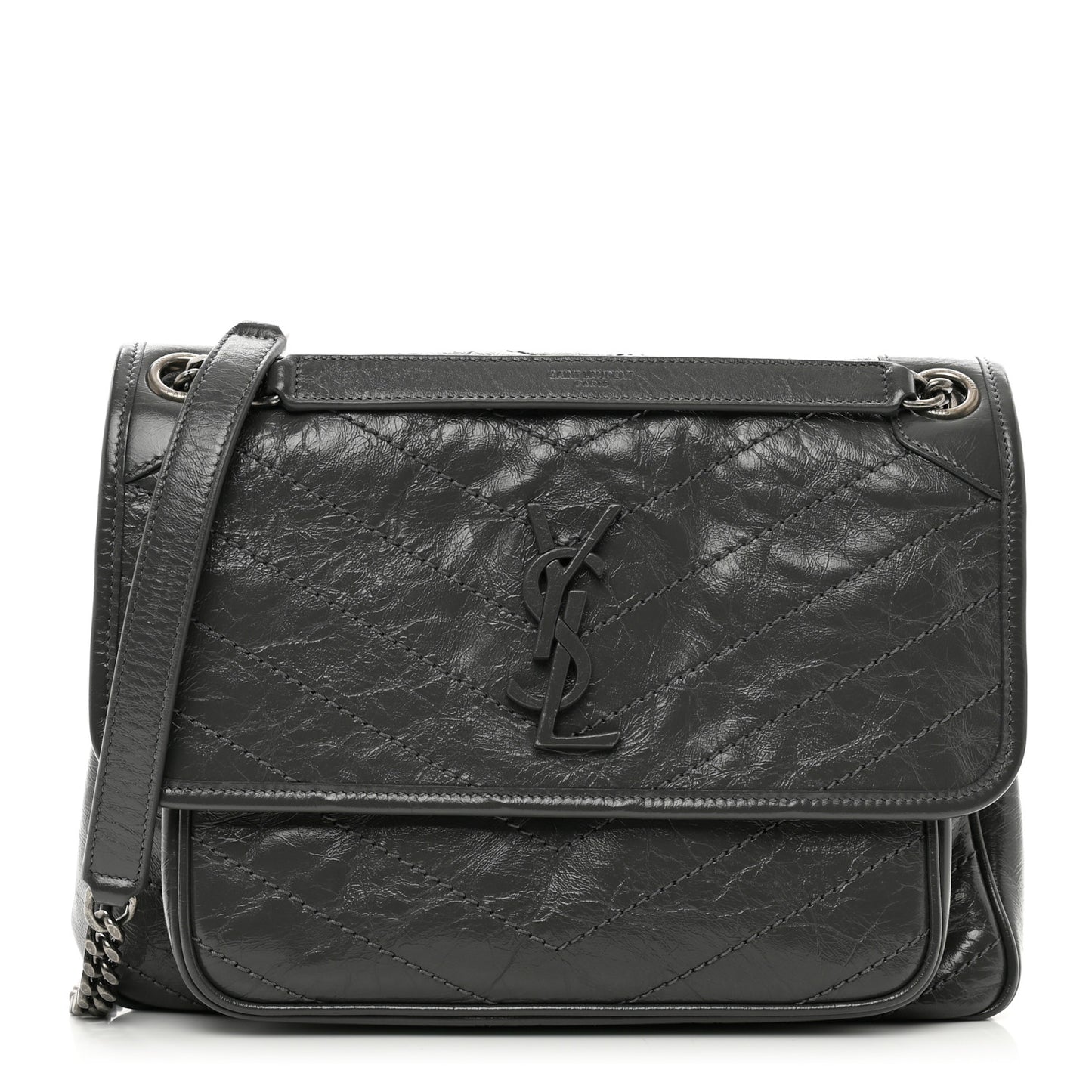 Crinkled Calfskin Matelasse Monogram Medium Niki Chain Satchel Storm
