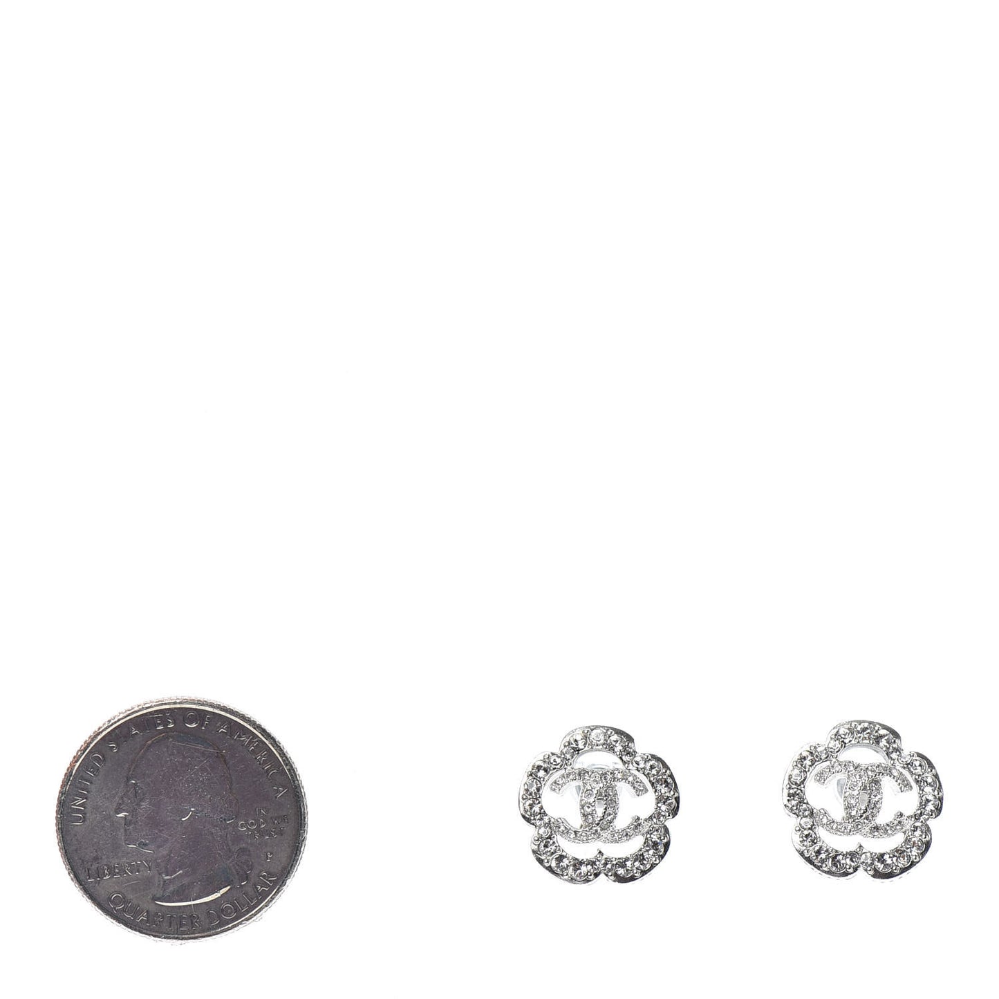Crystal Coco Flapper Camellia CC Stud Earrings Silver