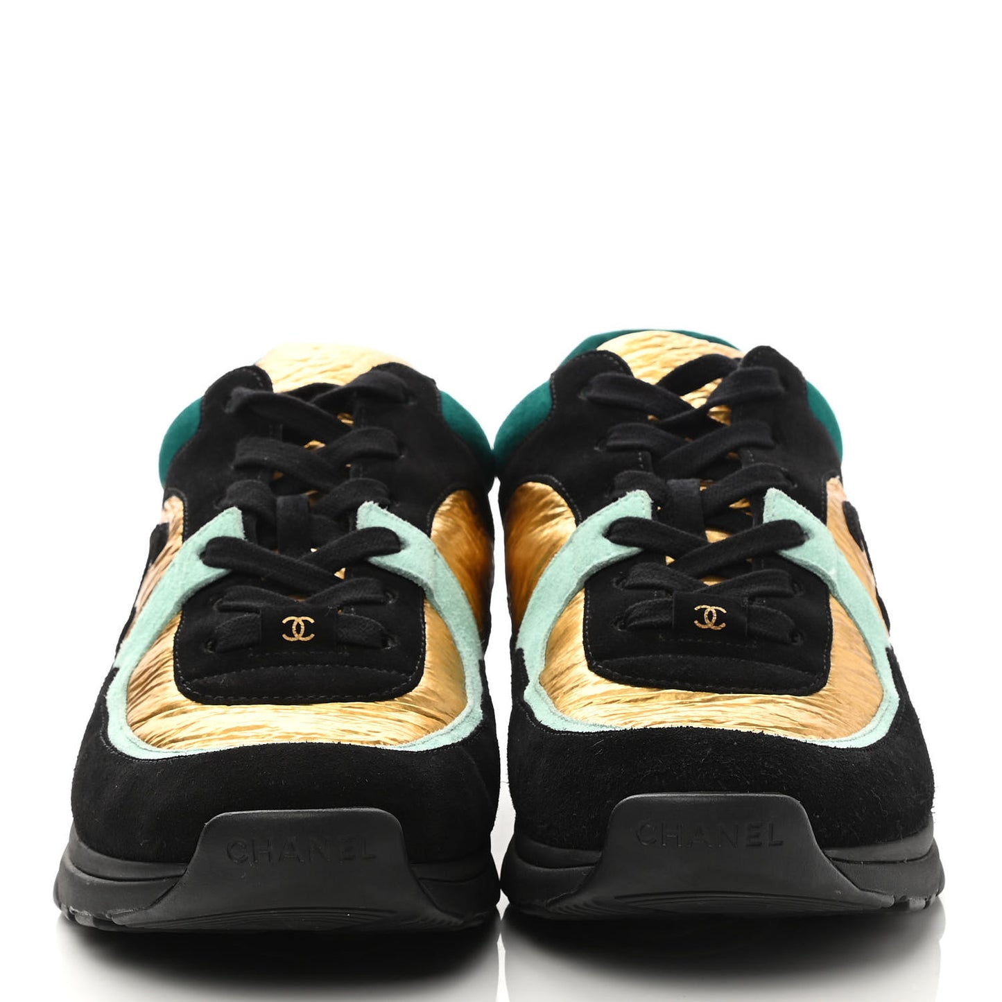 Fabric Calfskin Suede CC Womens Sneakers 40.5 Black Turquoise Gold
