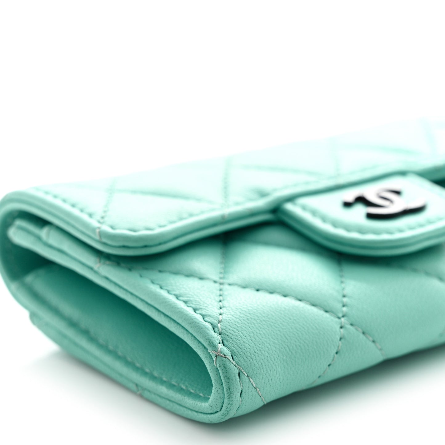 Lambskin Quilted Flap Card Holder Wallet Turquoise