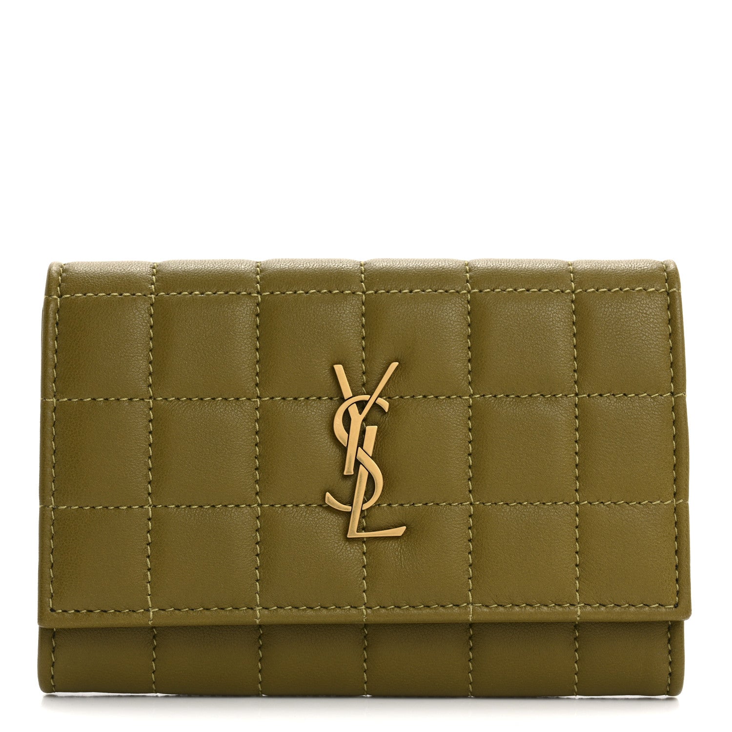 Saint Laurent Lambskin Carre Quilted Cassandre Small Envelope Wallet Olive Drab 1 of 7