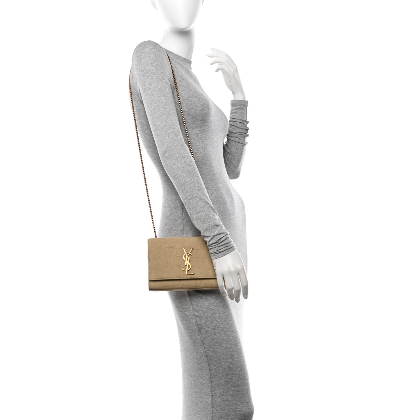Crocodile Embossed Nubuck Small Monogram Kate Satchel Nougat Beige