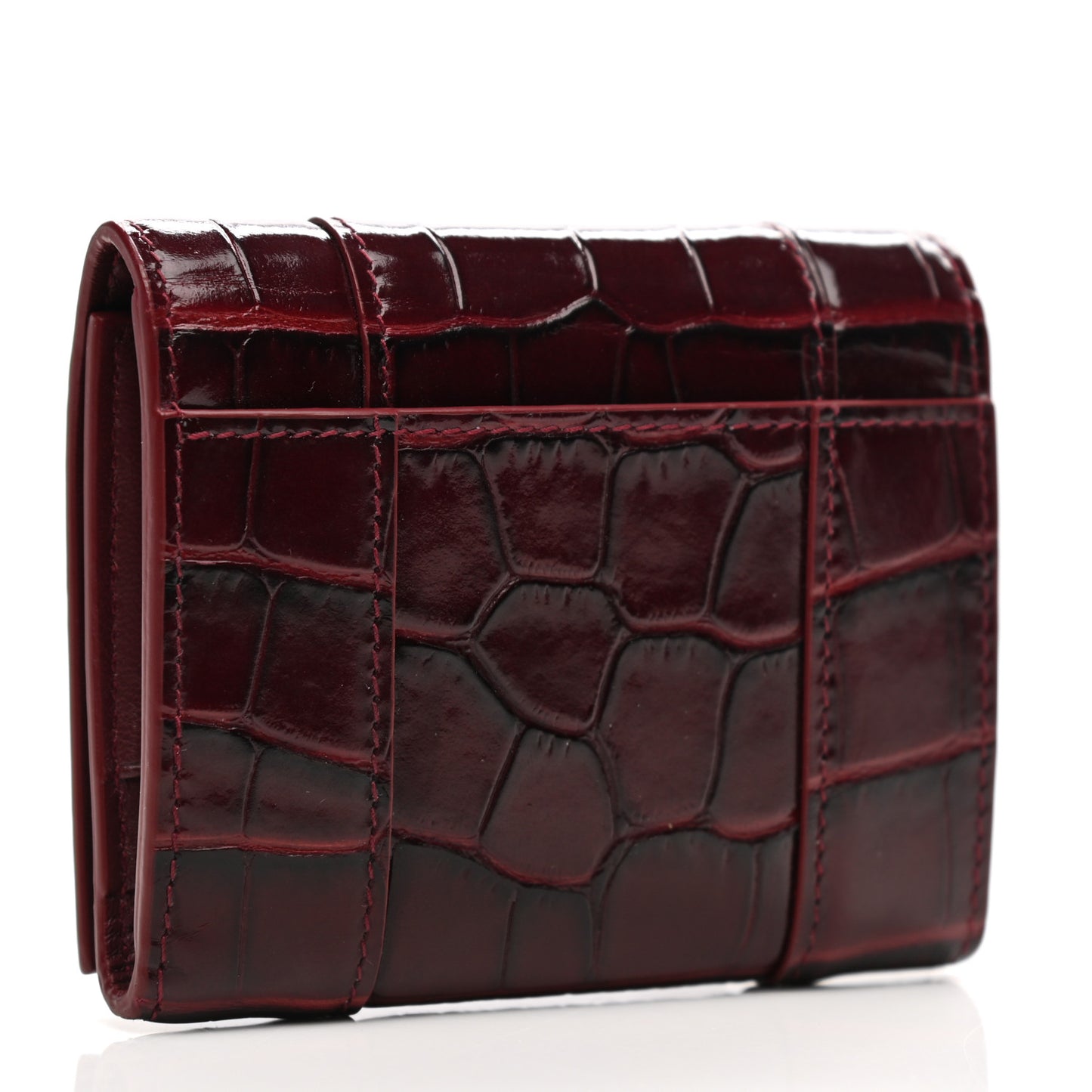 Shiny Calfskin Crocodile Embossed Hourglass Compact Wallet Dark Red